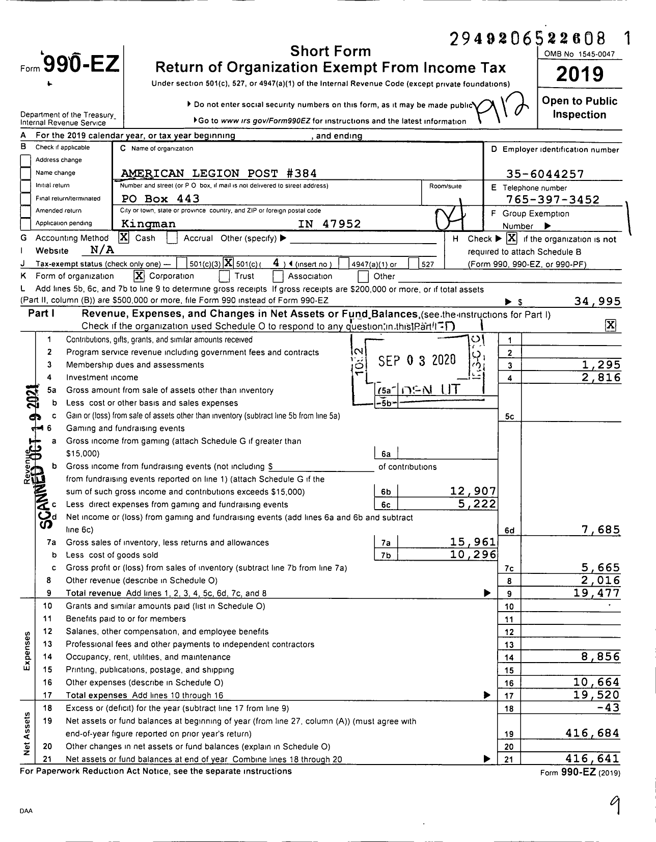 Image of first page of 2019 Form 990EO for American Legion Post 384