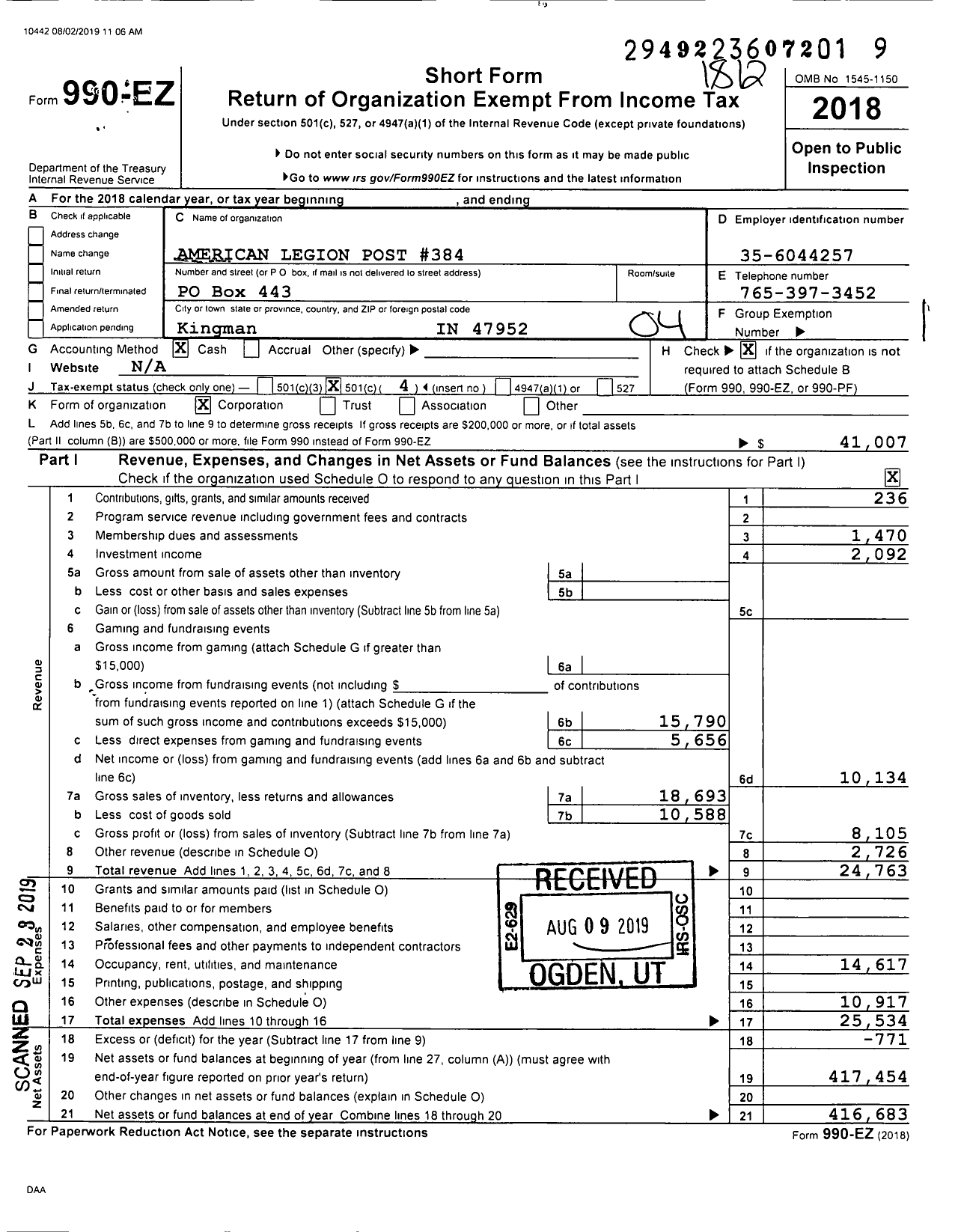 Image of first page of 2018 Form 990EO for American Legion Post 384