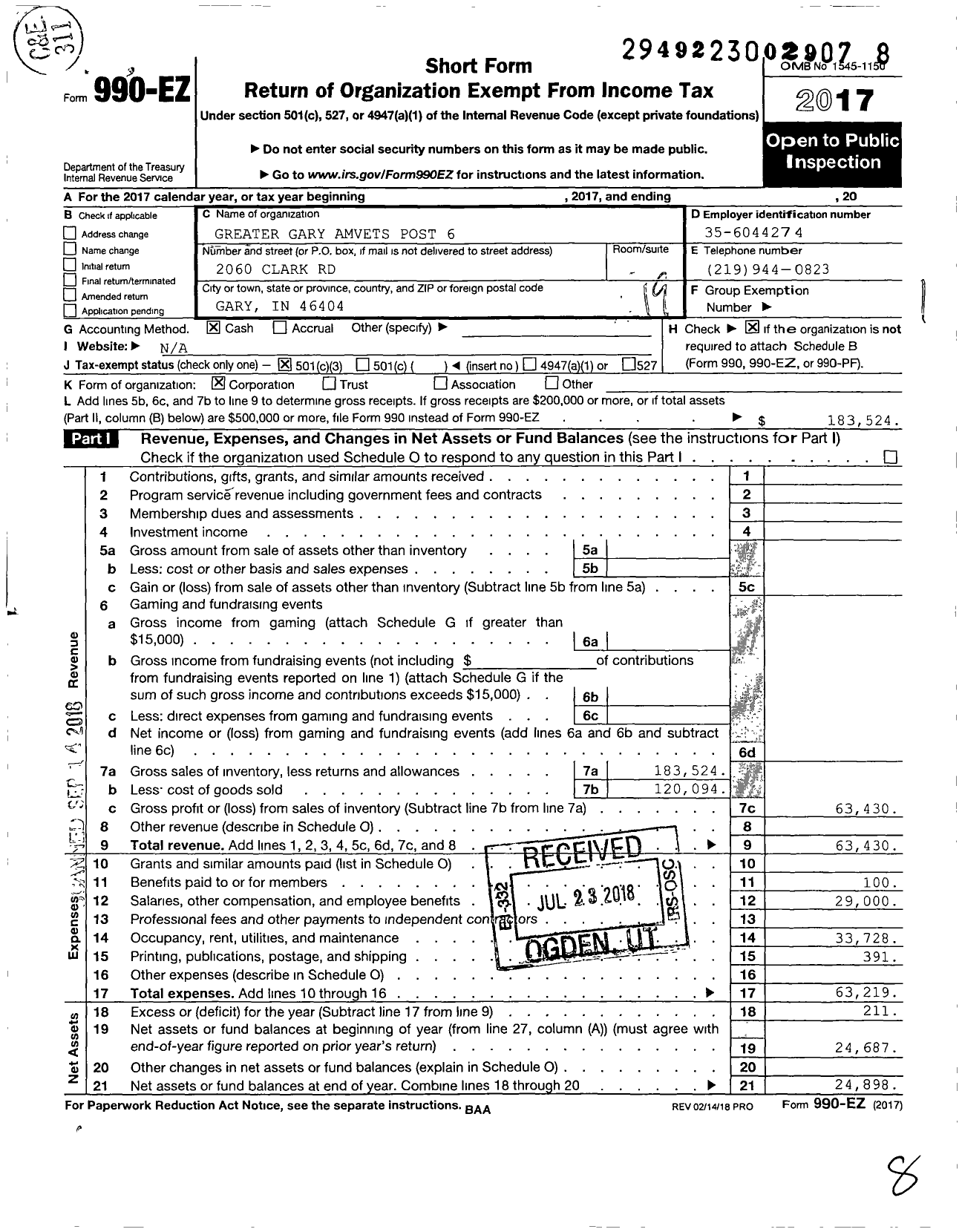 Image of first page of 2017 Form 990EO for Greater Gary Amvets Post 6