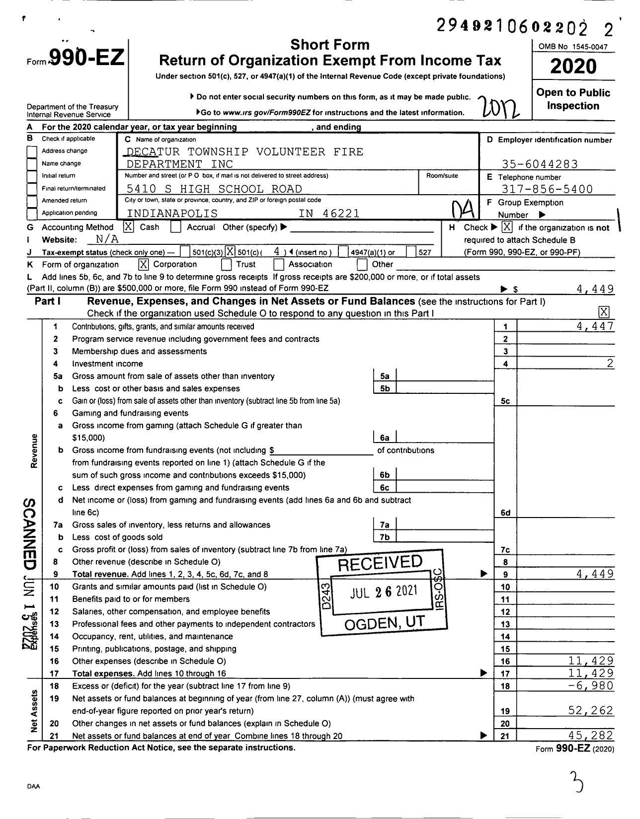 Image of first page of 2020 Form 990EO for Decatur Township Volunteer Fire Department