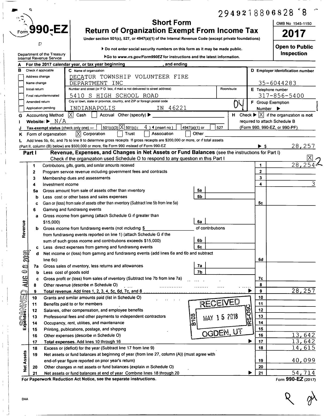 Image of first page of 2017 Form 990EO for Decatur Township Volunteer Fire Department