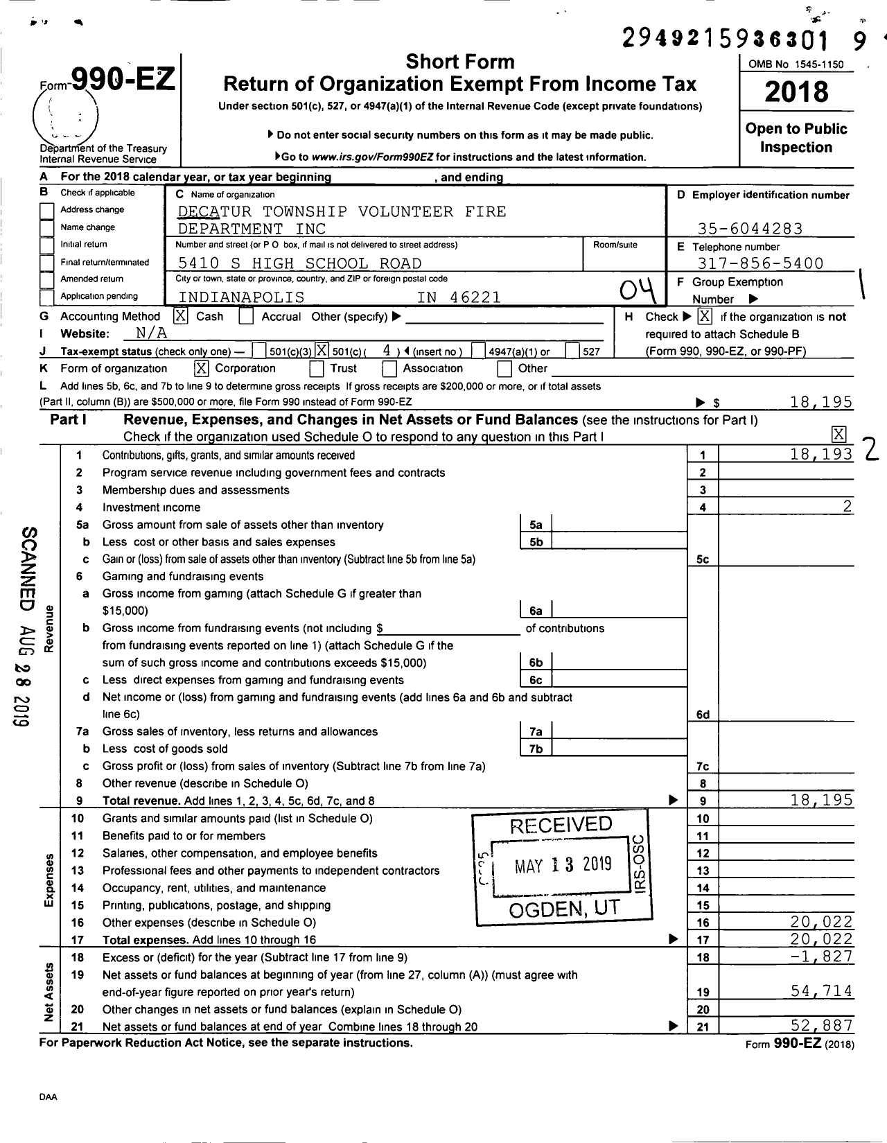 Image of first page of 2018 Form 990EO for Decatur Township Volunteer Fire Department