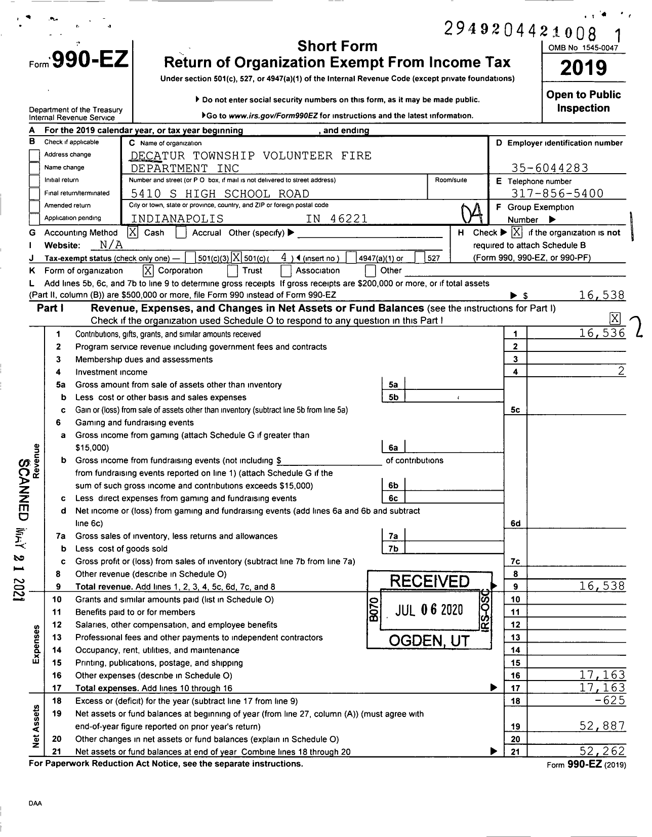 Image of first page of 2019 Form 990EO for Decatur Township Volunteer Fire Department