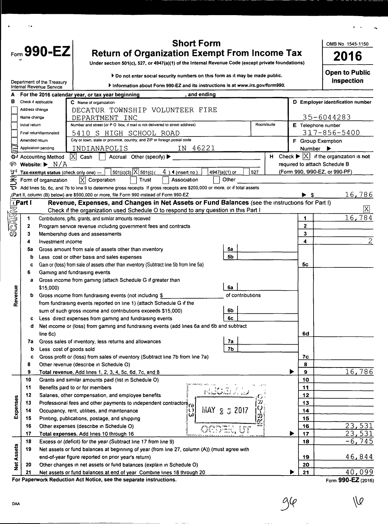 Image of first page of 2016 Form 990EO for Decatur Township Volunteer Fire Department