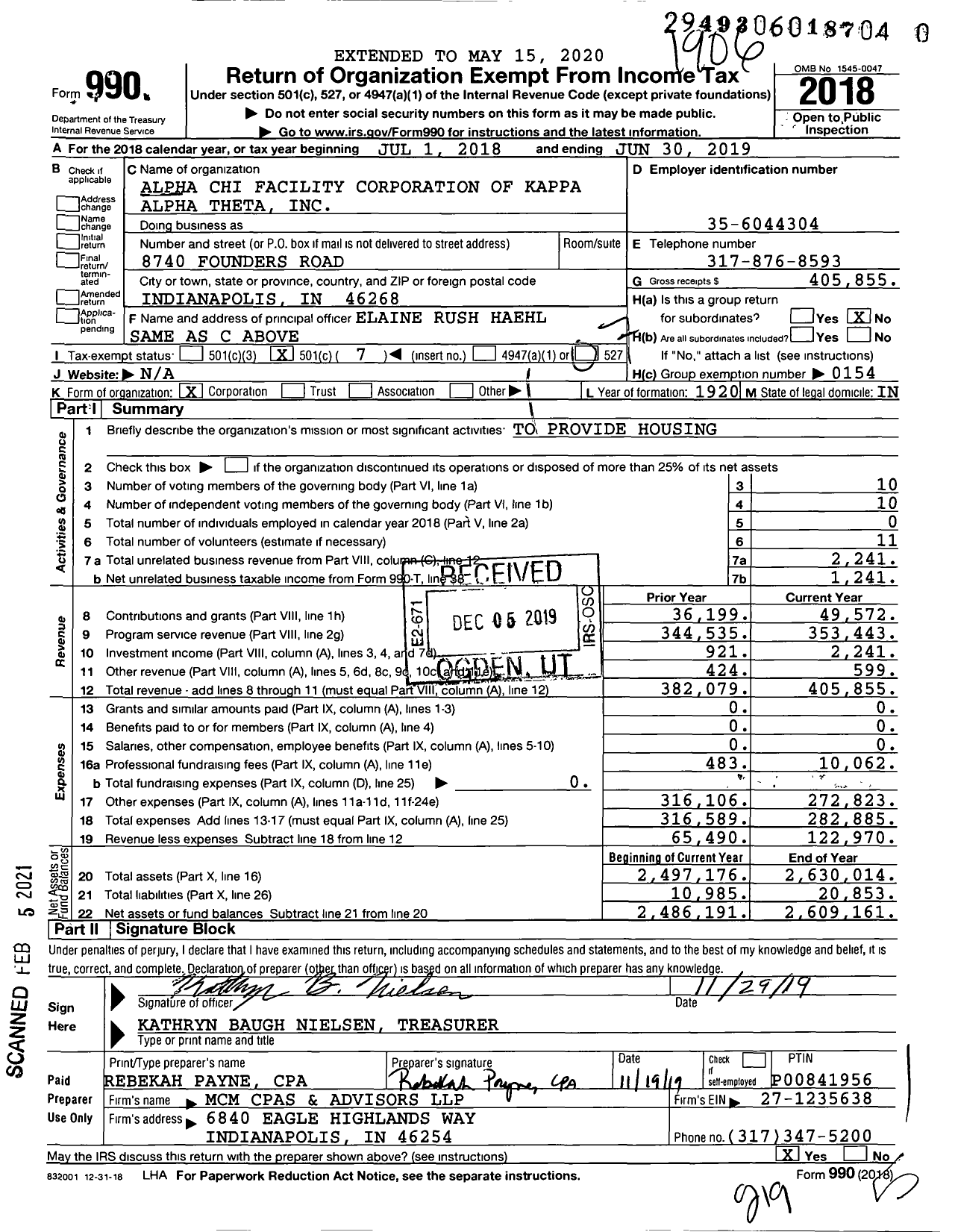 Image of first page of 2018 Form 990O for Alpha Chi Facility Corporation of Kappa Alpha Theta