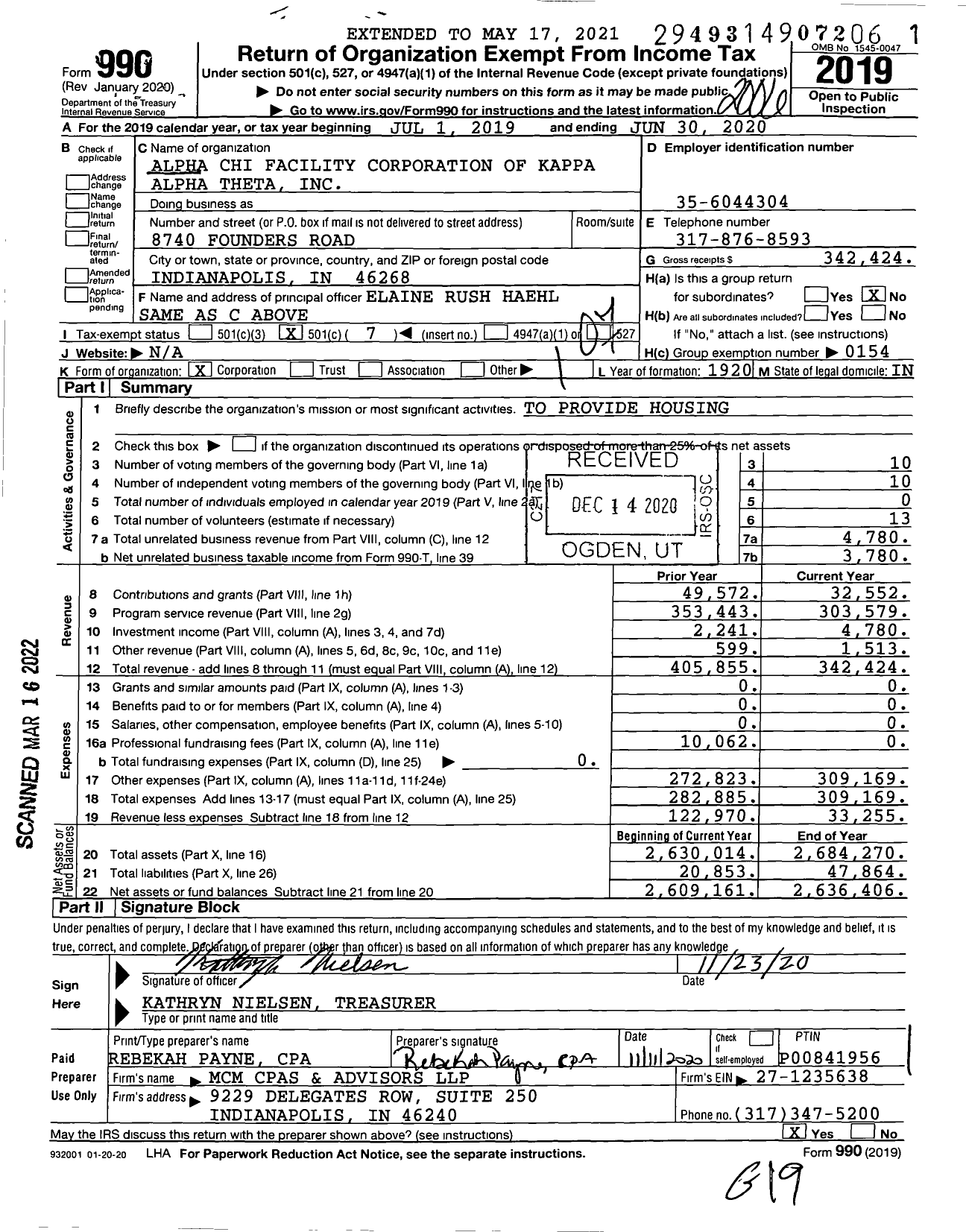 Image of first page of 2019 Form 990O for Alpha Chi Facility Corporation of Kappa Alpha Theta