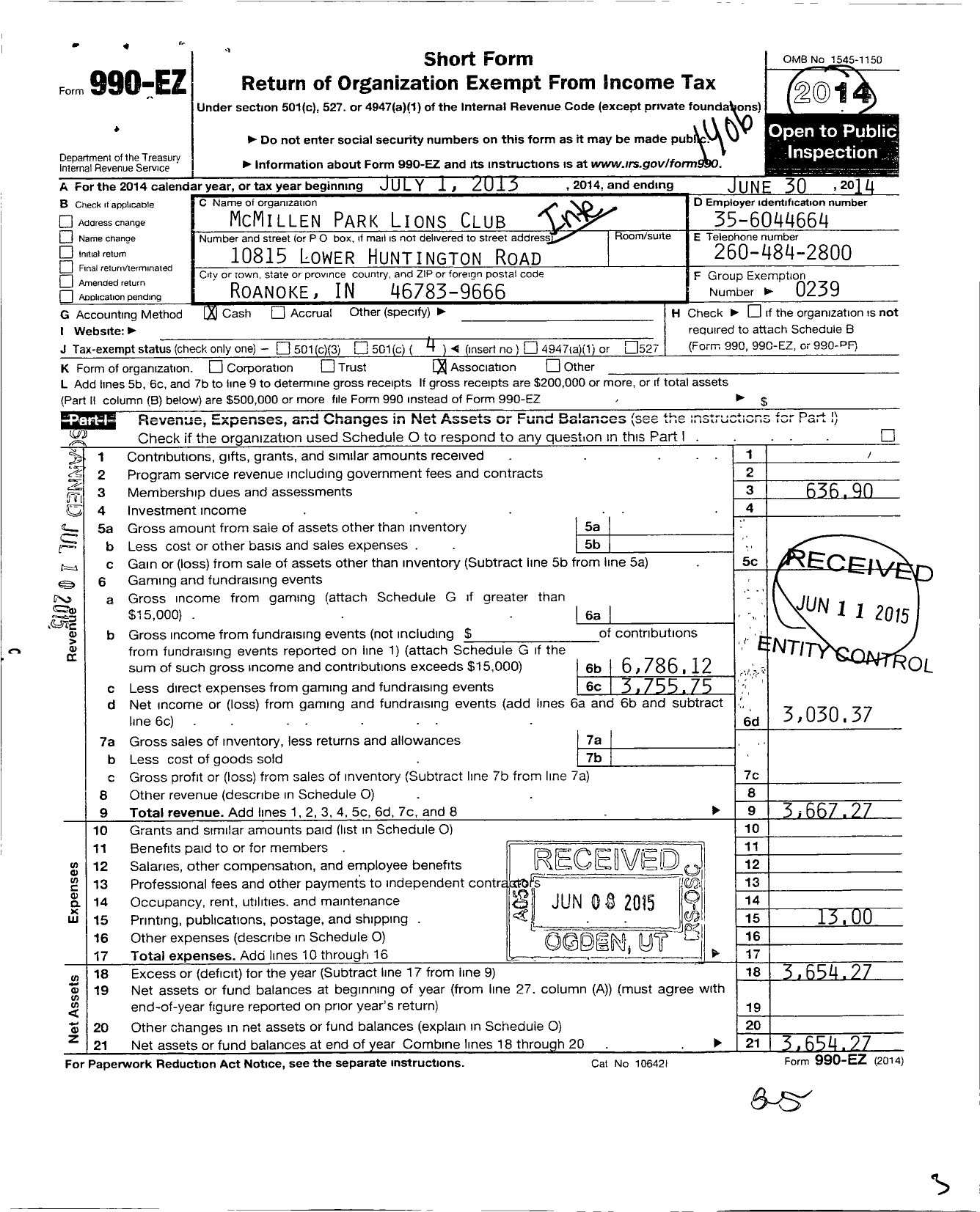 Image of first page of 2013 Form 990EO for Lions Clubs - 9489 Fort Wayne MC Millen Park