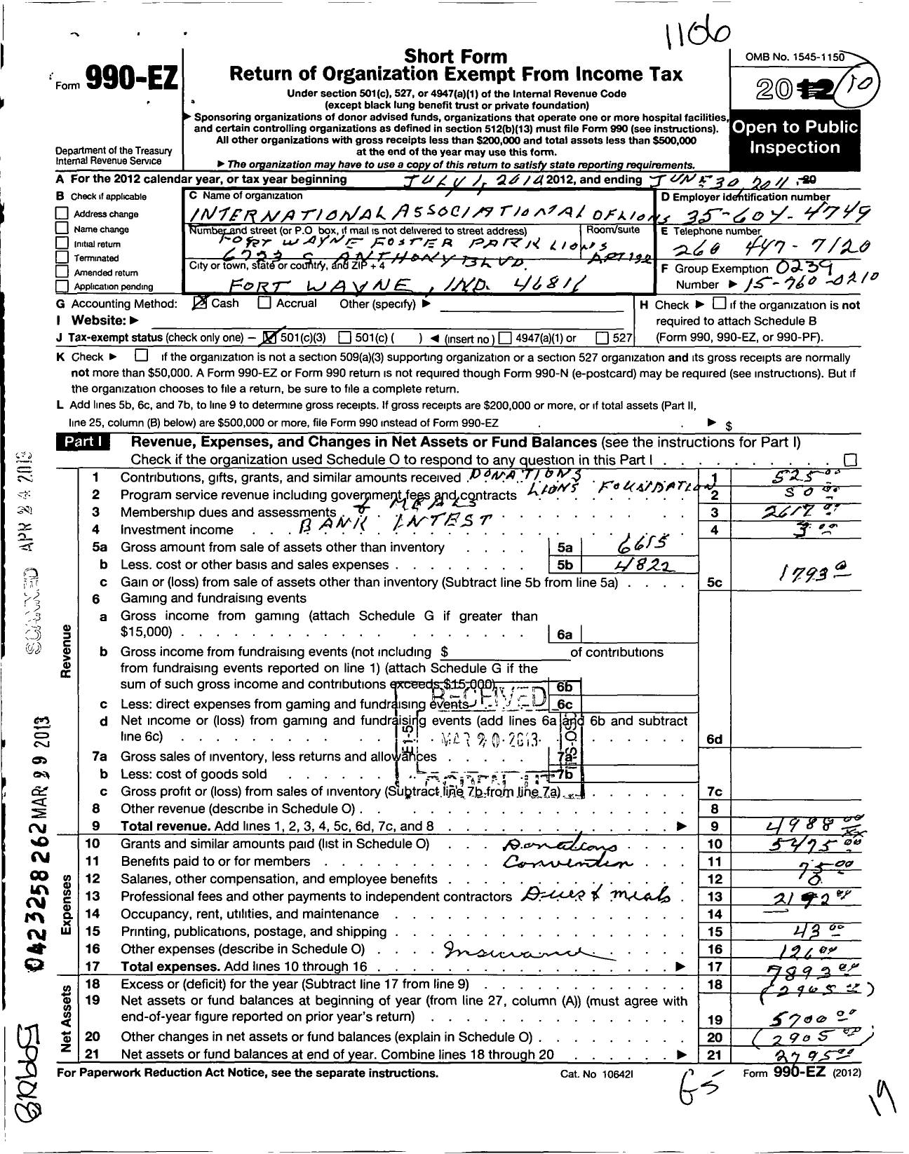 Image of first page of 2010 Form 990EZ for Lions Clubs - 9487 Fort Wayne Foster Park