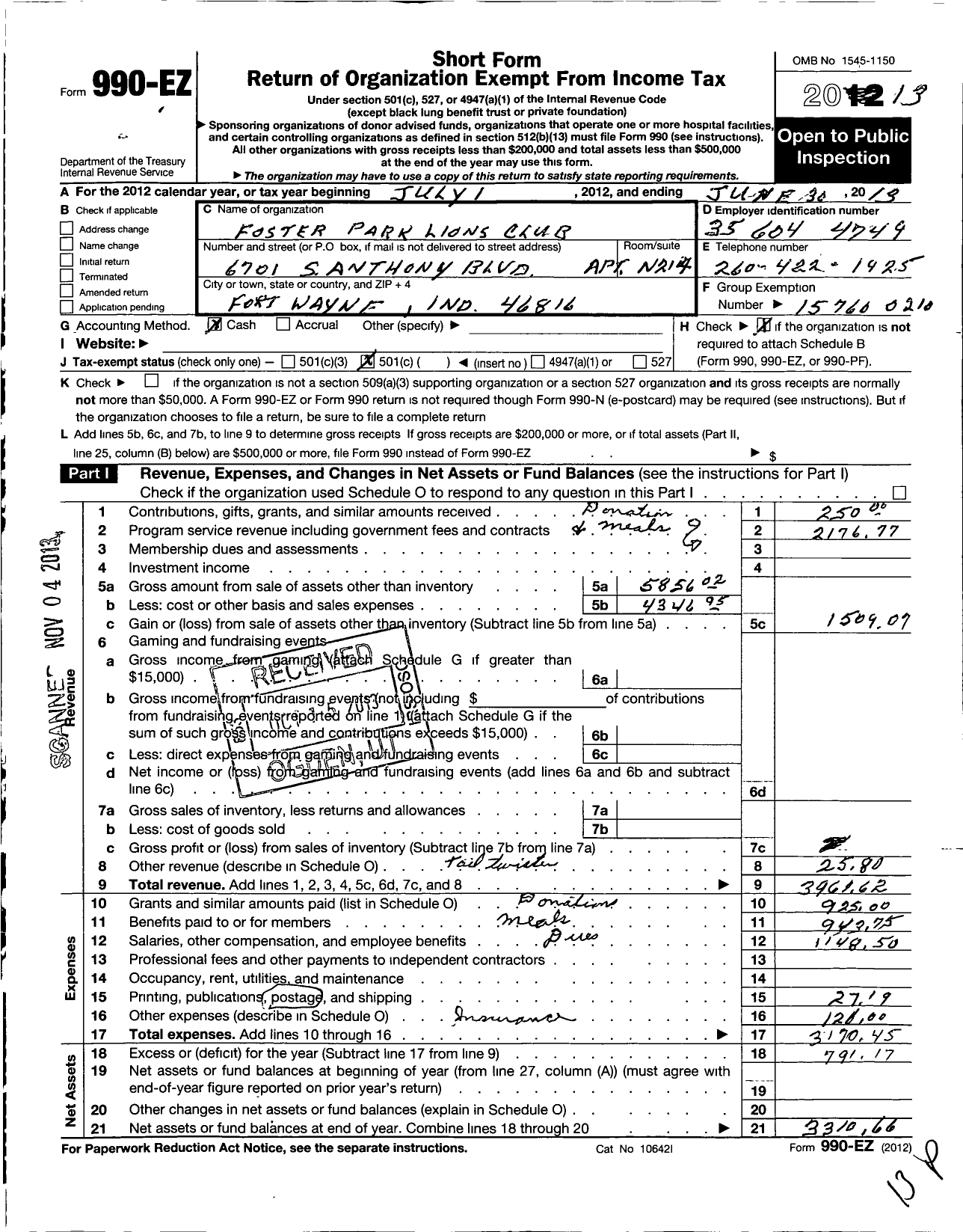 Image of first page of 2012 Form 990EO for Lions Clubs - 9487 Fort Wayne Foster Park