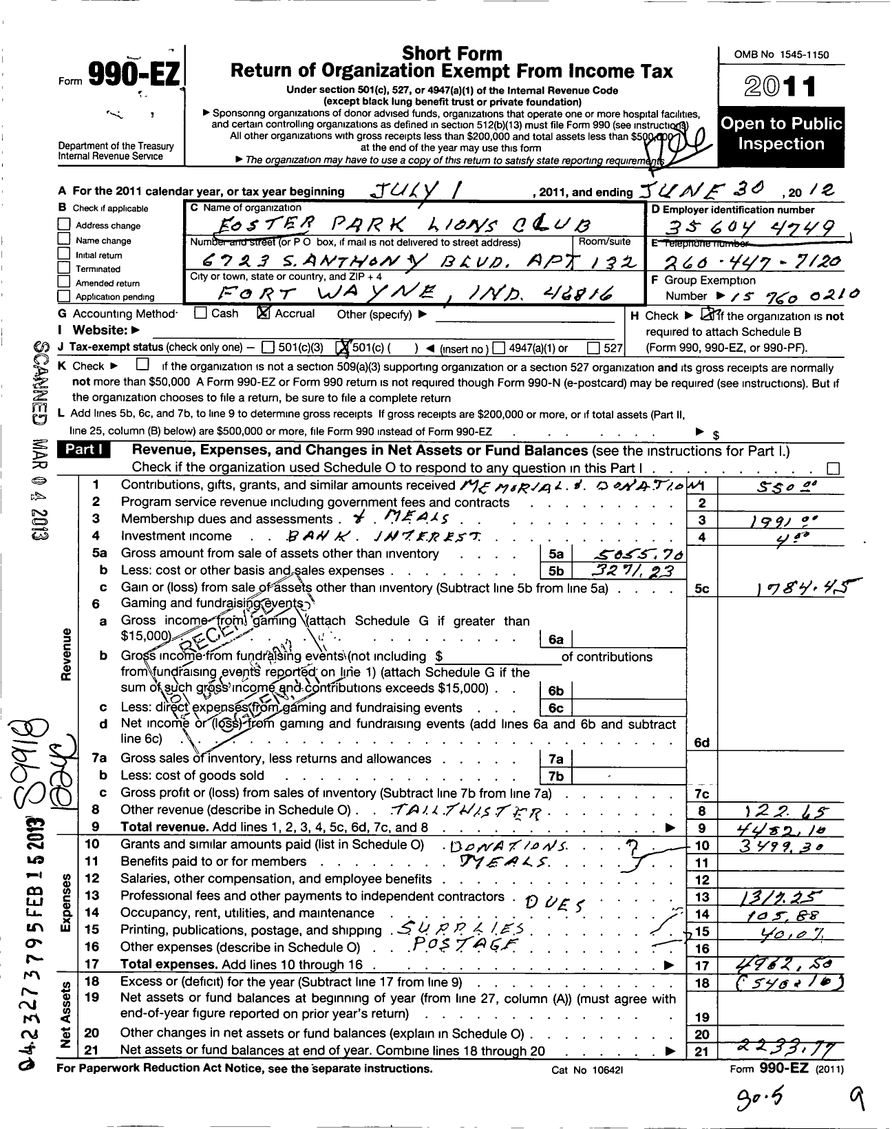 Image of first page of 2011 Form 990EO for Lions Clubs - 9487 Fort Wayne Foster Park