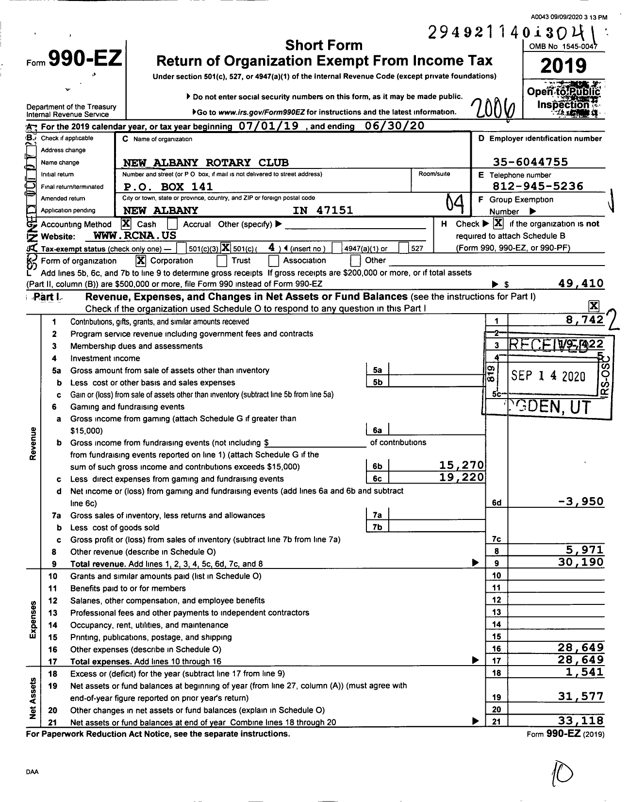 Image of first page of 2019 Form 990EO for Rotary International - New Albany