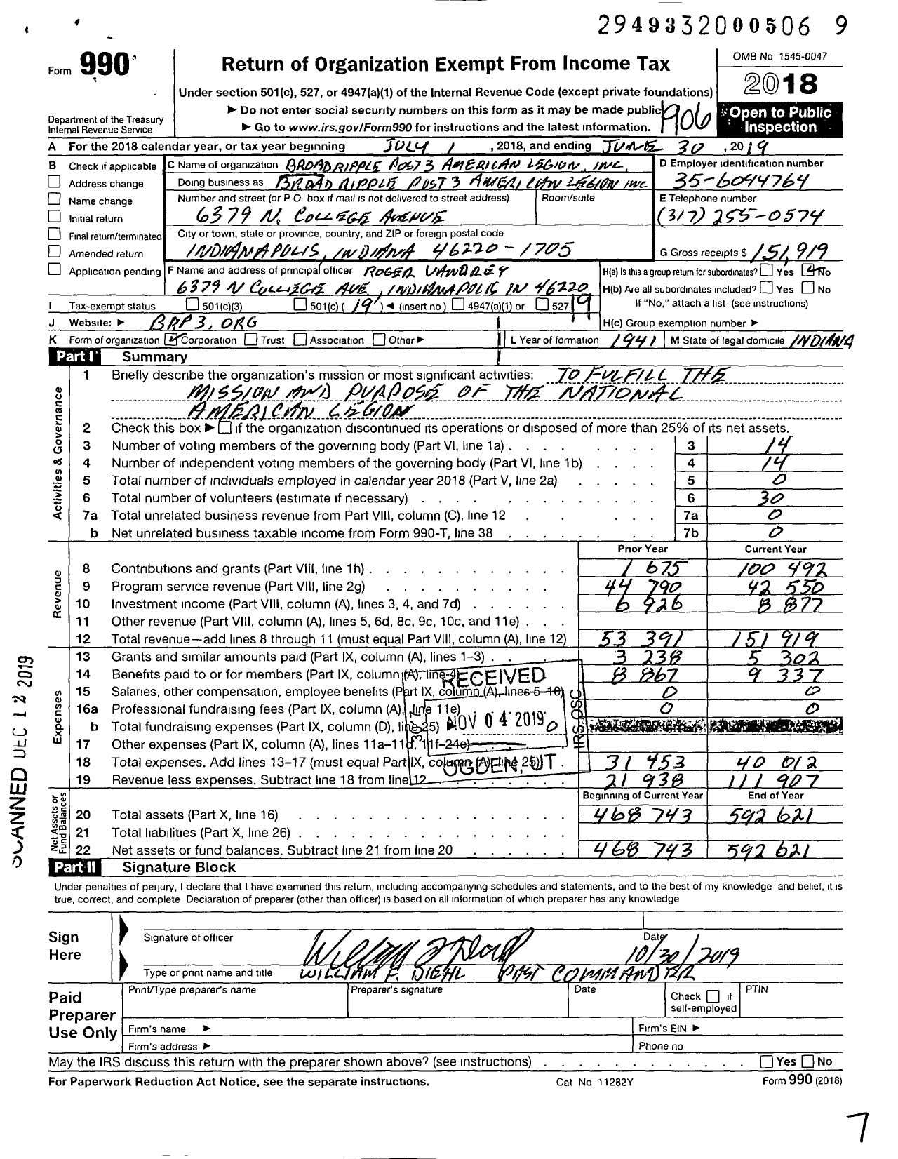 Image of first page of 2018 Form 990O for BROAD RIPPLE POST 3 American Legion