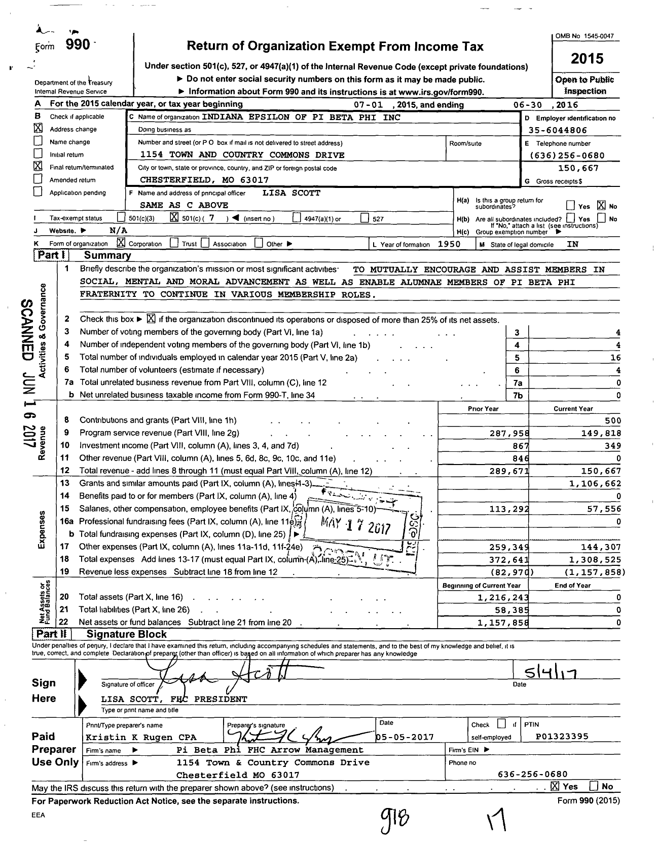 Image of first page of 2015 Form 990O for Indiana Epsilon of Pi Beta Phi