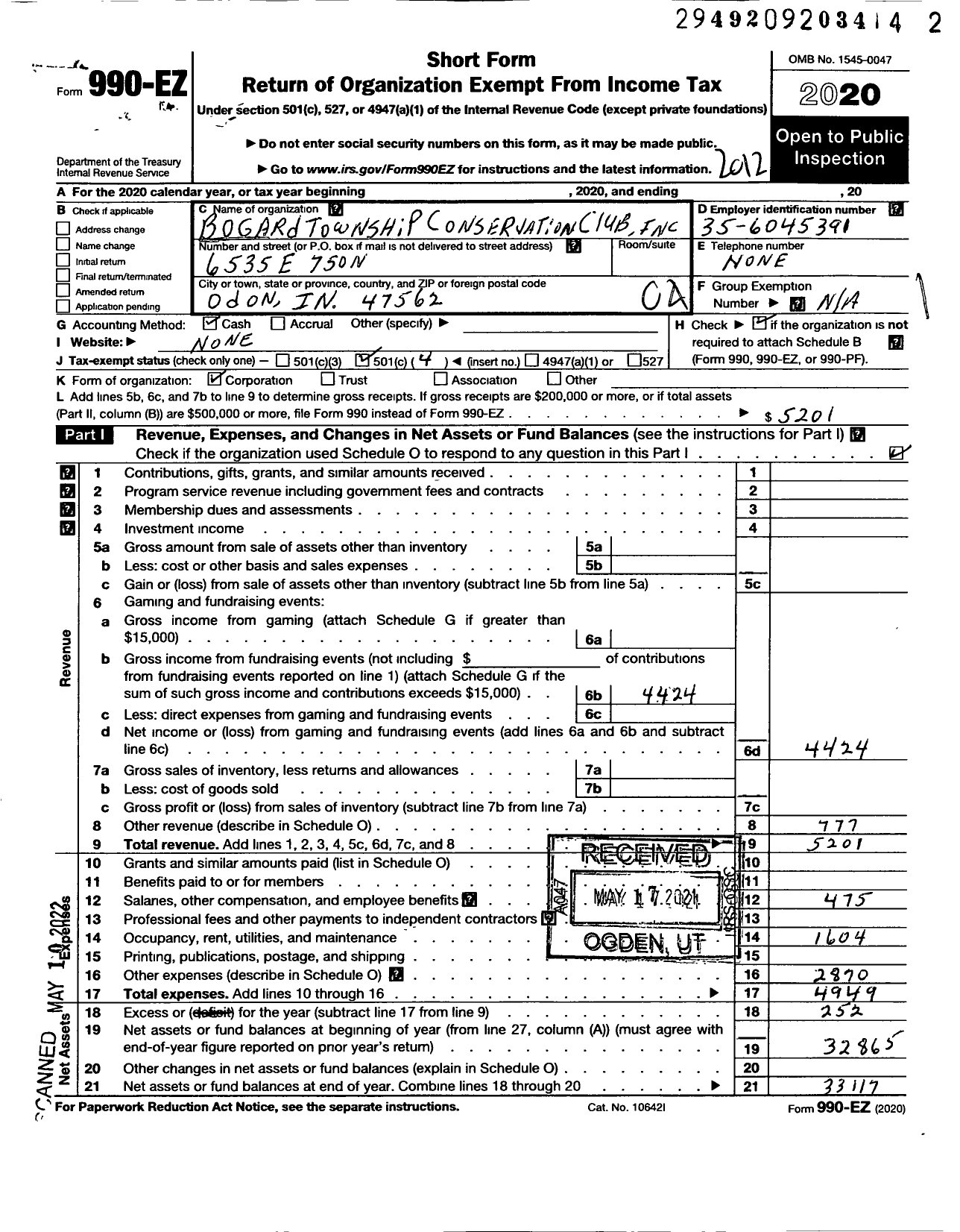 Image of first page of 2020 Form 990EO for Bogard Township Conservation Club