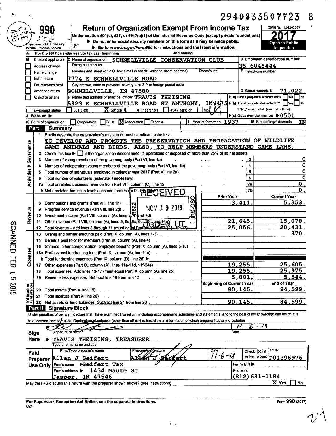 Image of first page of 2017 Form 990O for Schnellville Conservation Club