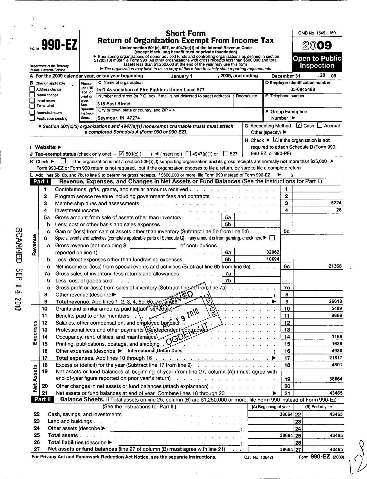 Image of first page of 2009 Form 990EO for Int'nl Association of Firefighters Fighters