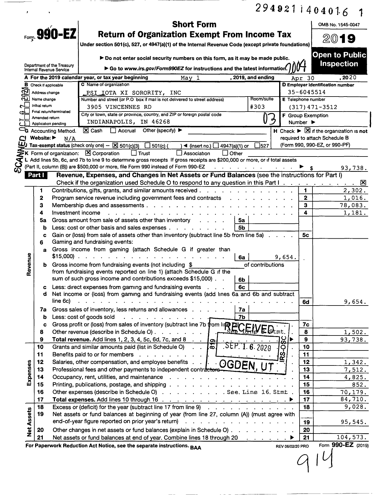 Image of first page of 2019 Form 990EZ for Psi Iota Xi Sorority / National