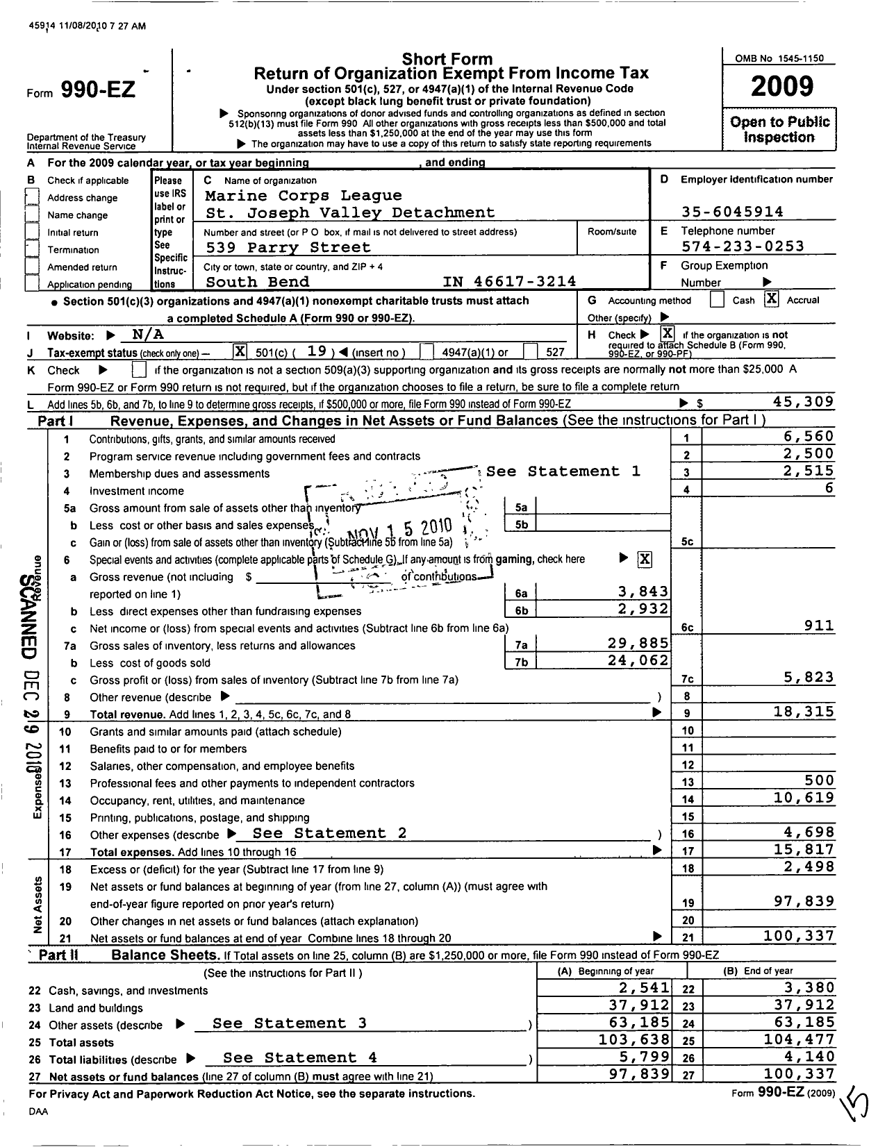 Image of first page of 2009 Form 990EO for Marine Corps League - St Joseph Valley Detachment 095