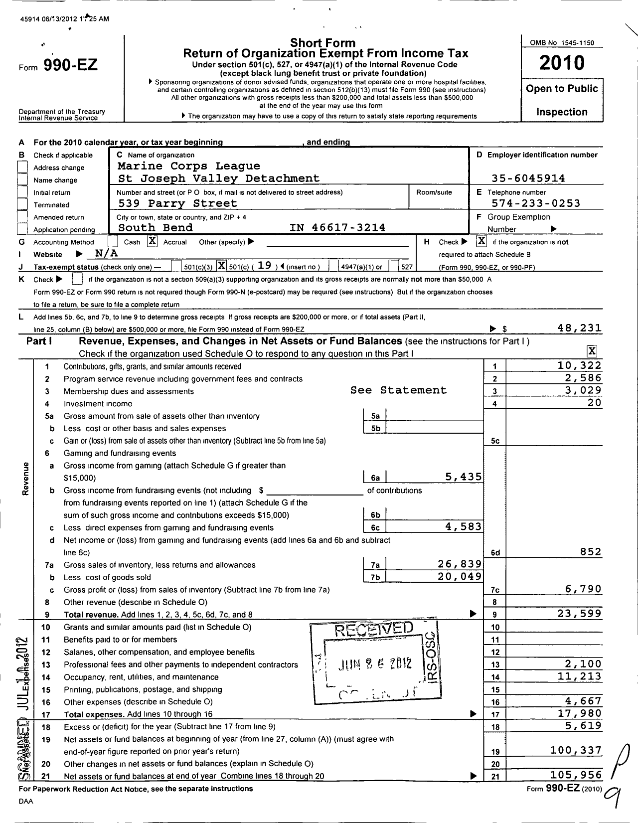 Image of first page of 2010 Form 990EO for Marine Corps League - St Joseph Valley Detachment 095