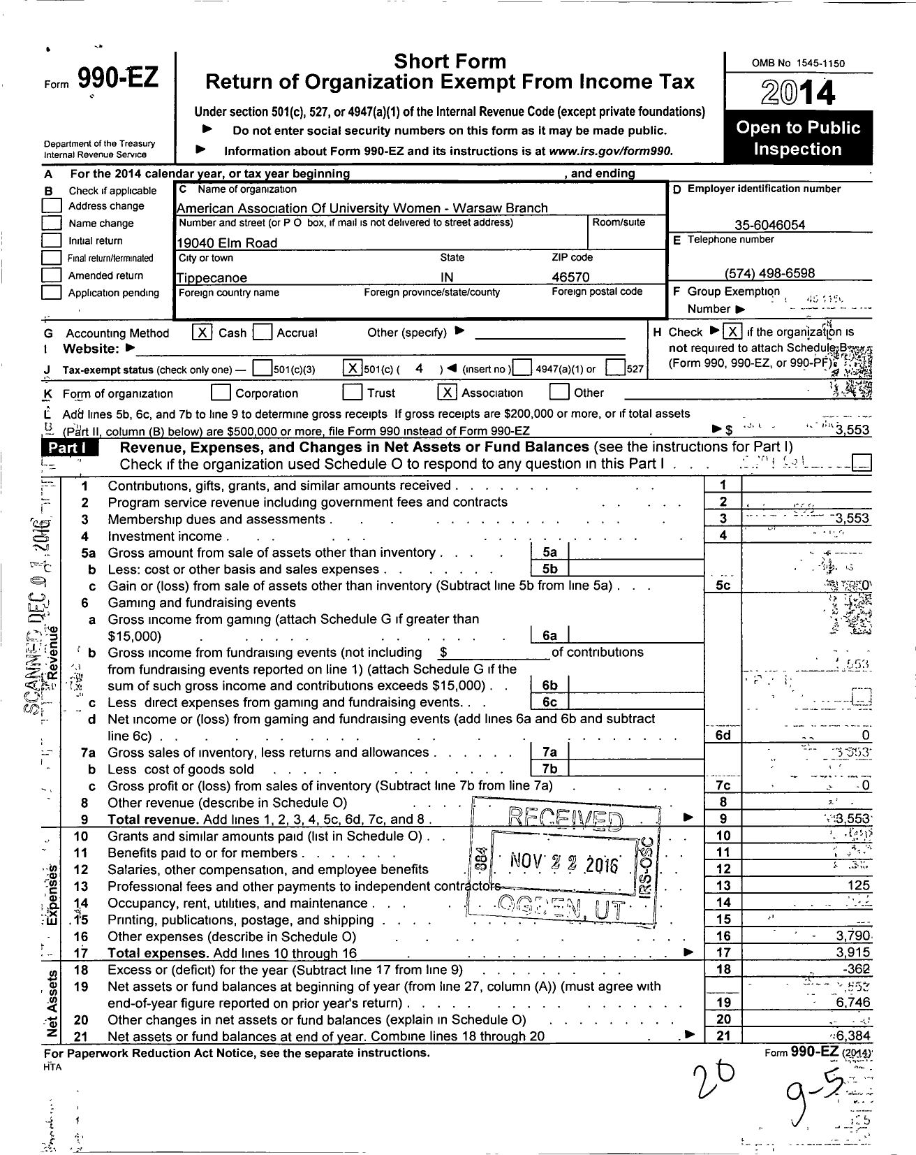 Image of first page of 2014 Form 990EO for American Association of University Women / Warsaw