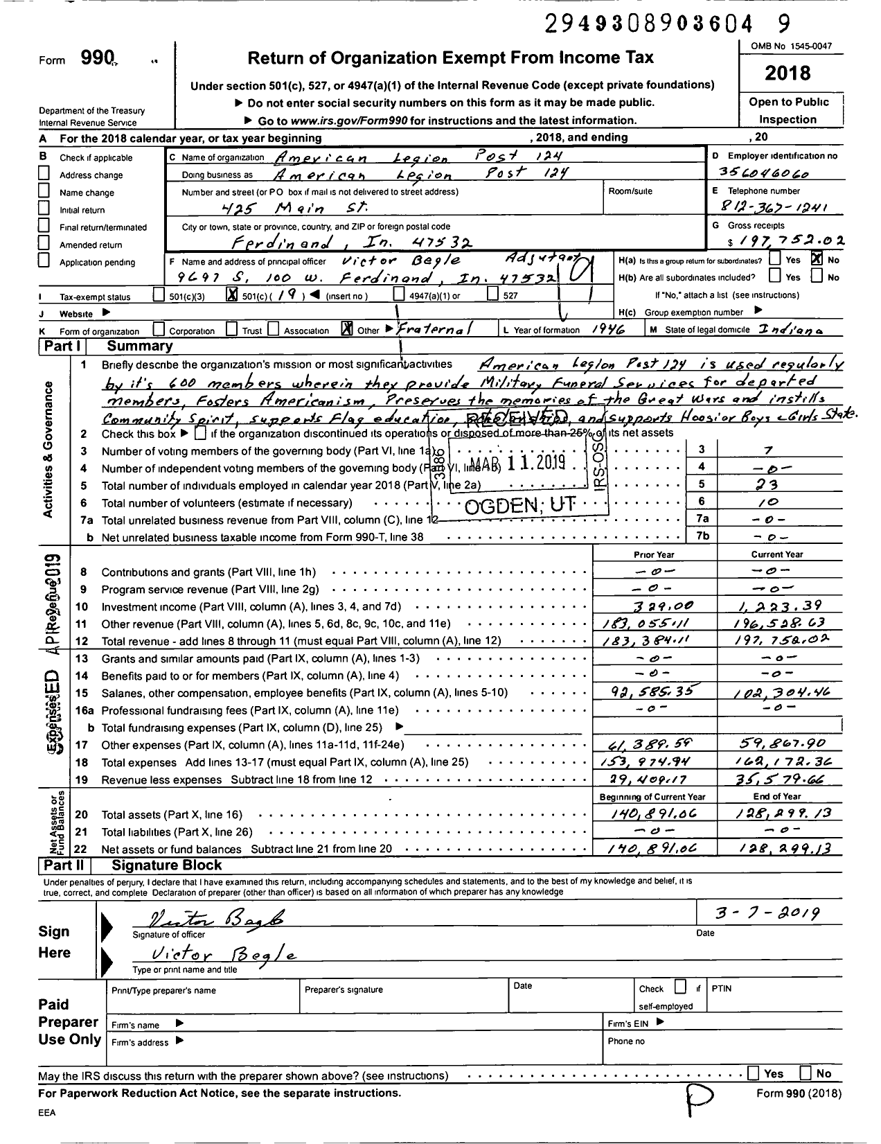 Image of first page of 2018 Form 990O for American Legion - 124 Ferdinand Post