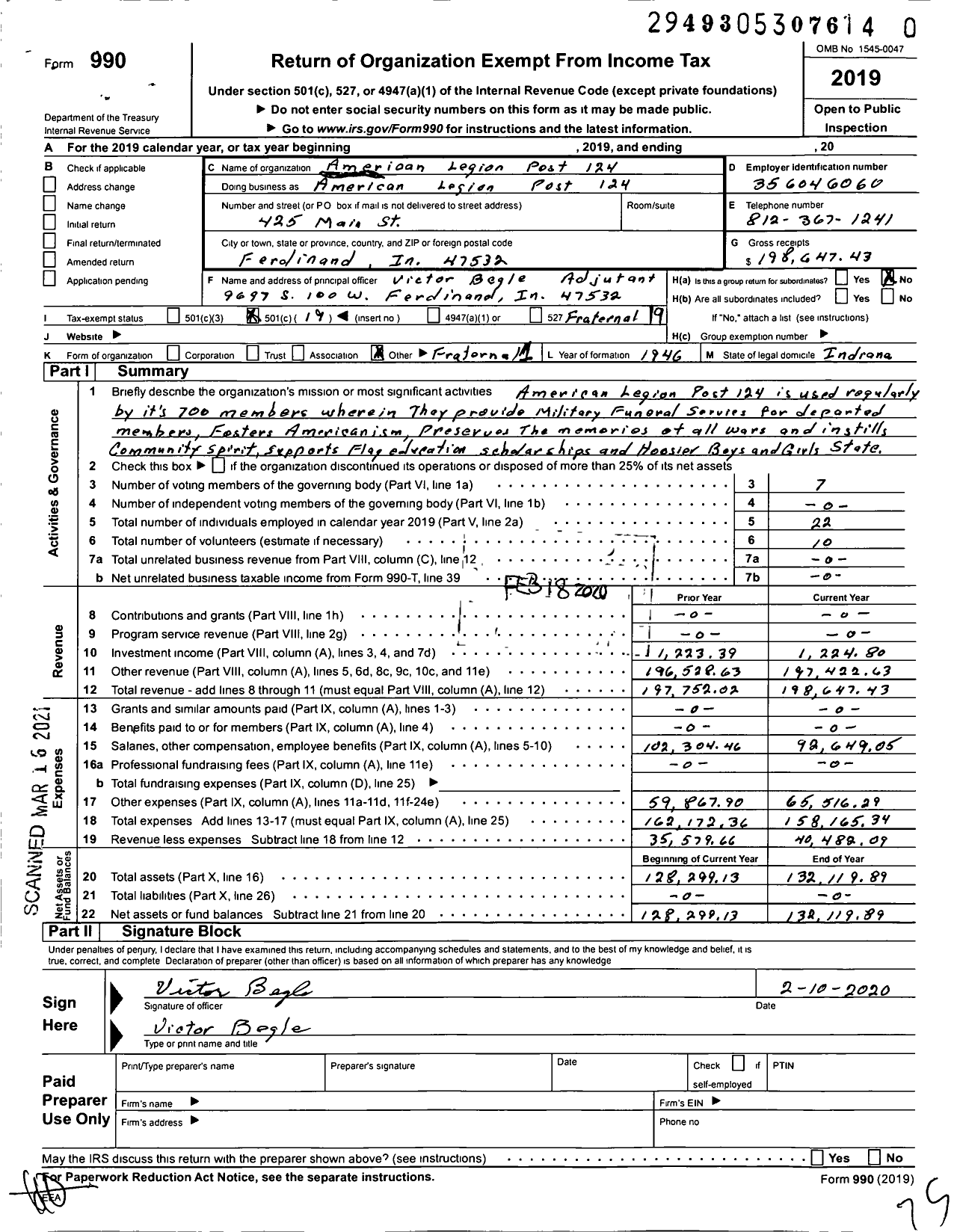 Image of first page of 2019 Form 990O for American Legion - 124 Ferdinand Post
