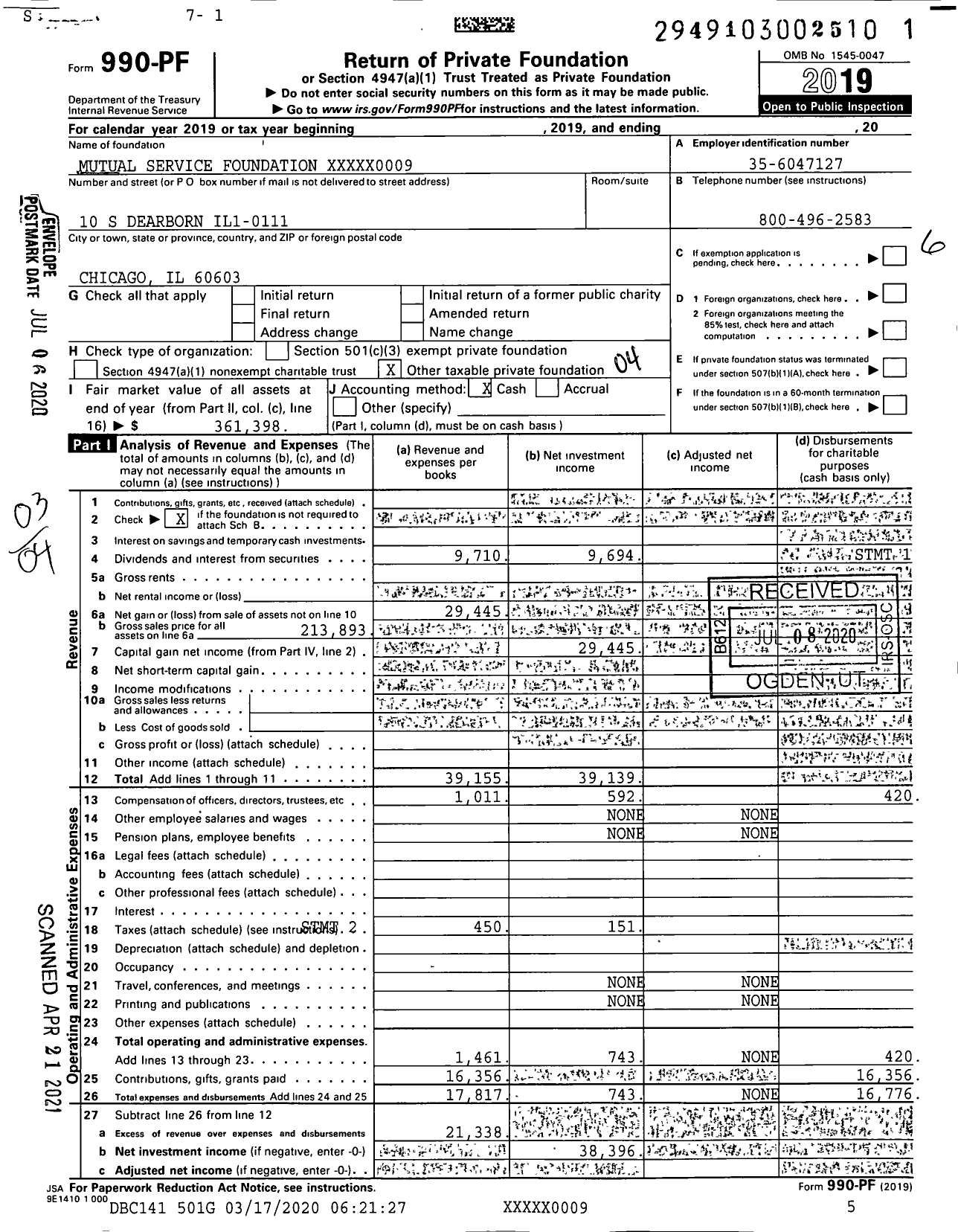 Image of first page of 2019 Form 990PF for Mutual Service Foundation XXXXX0009