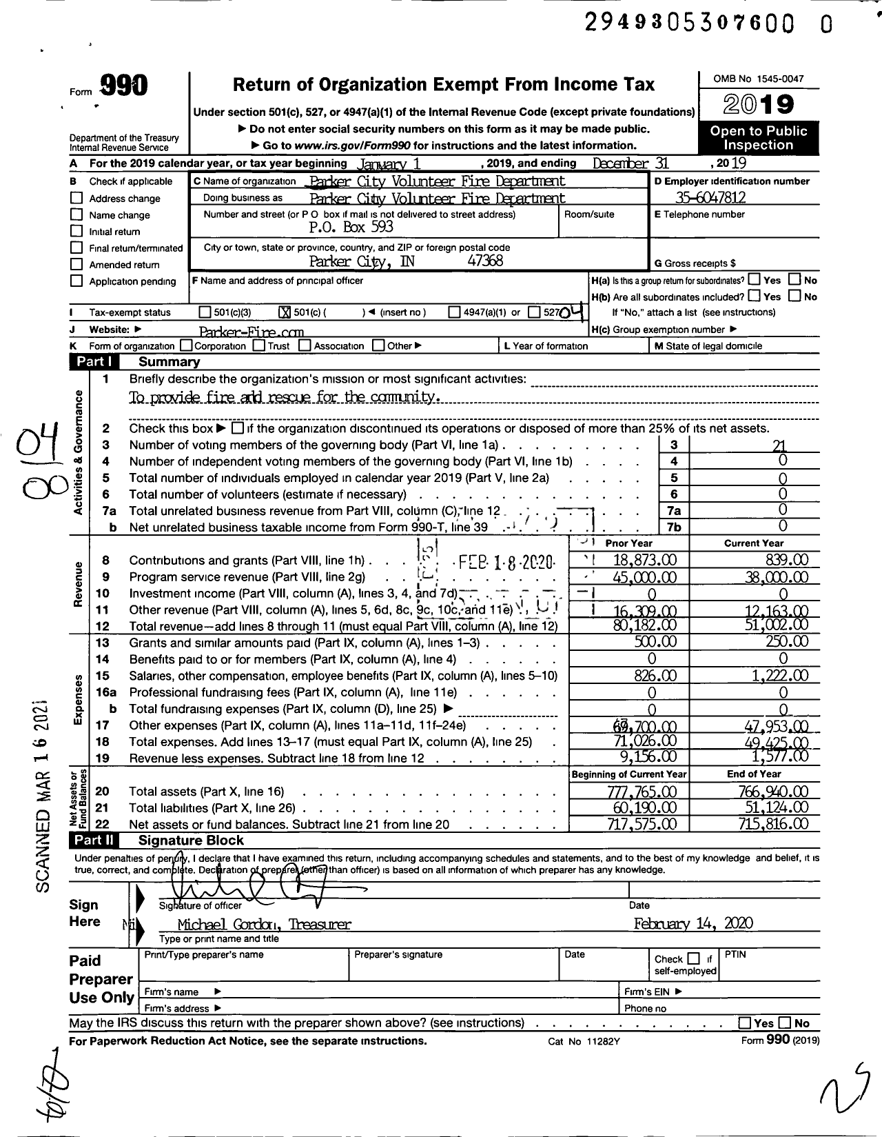 Image of first page of 2019 Form 990O for Parker City Volunteer Fire Department