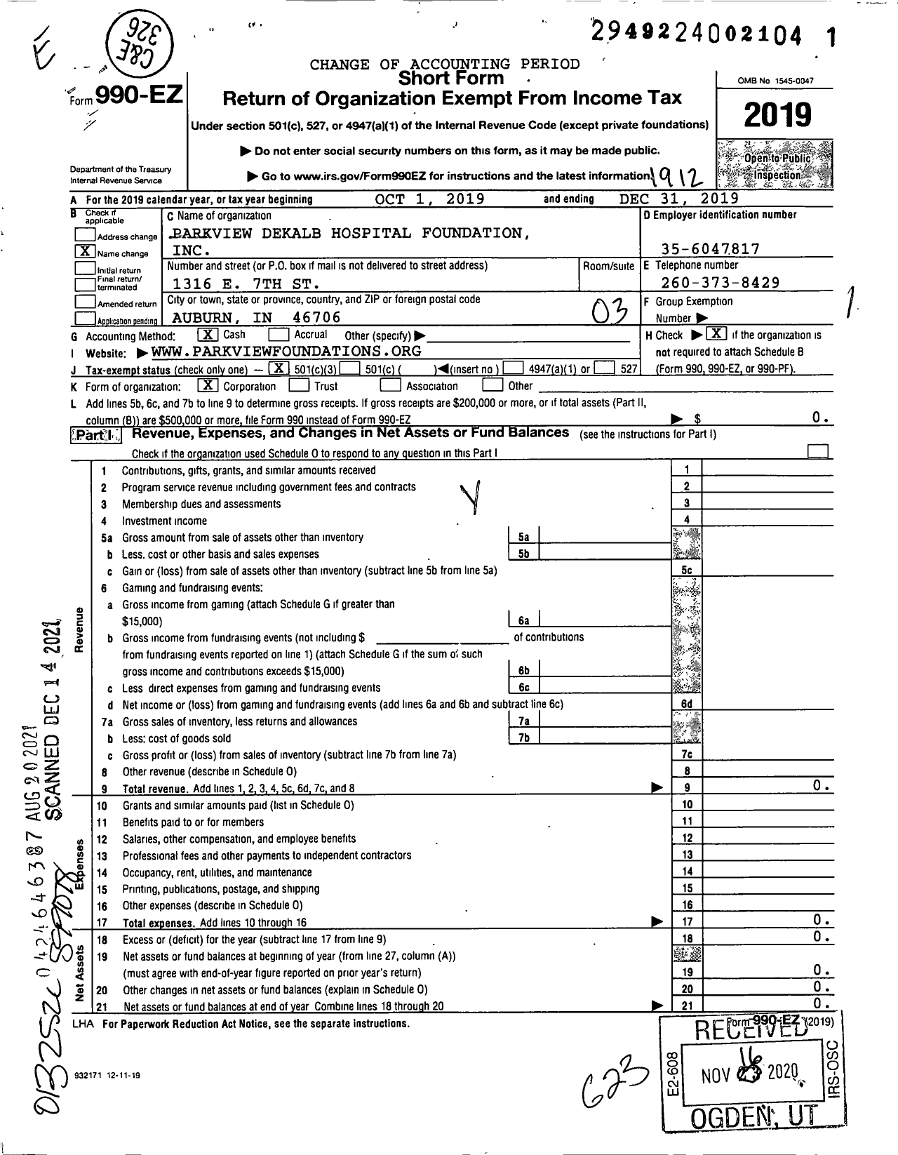 Image of first page of 2019 Form 990EZ for Parkview Dekalb Hospital Foundation