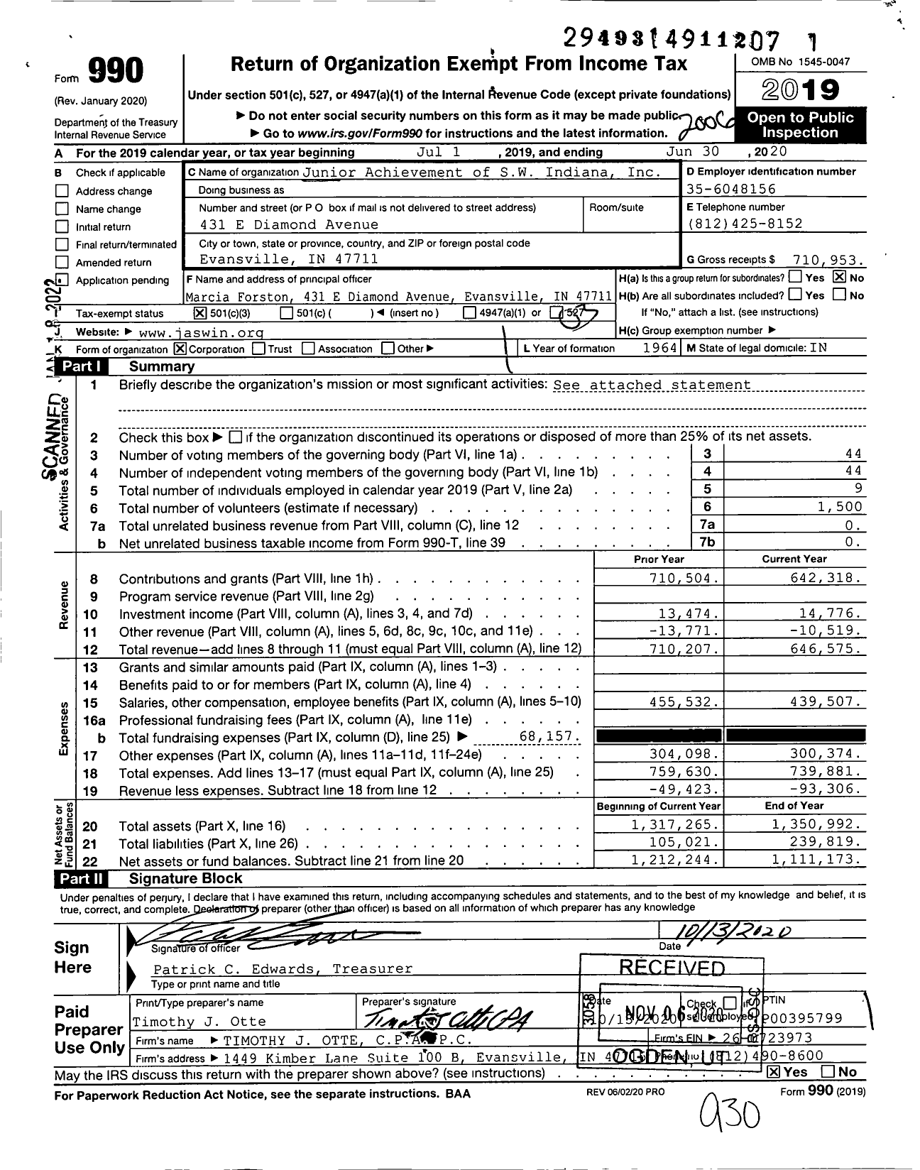 Image of first page of 2019 Form 990 for Junior Achievement of SW Indiana