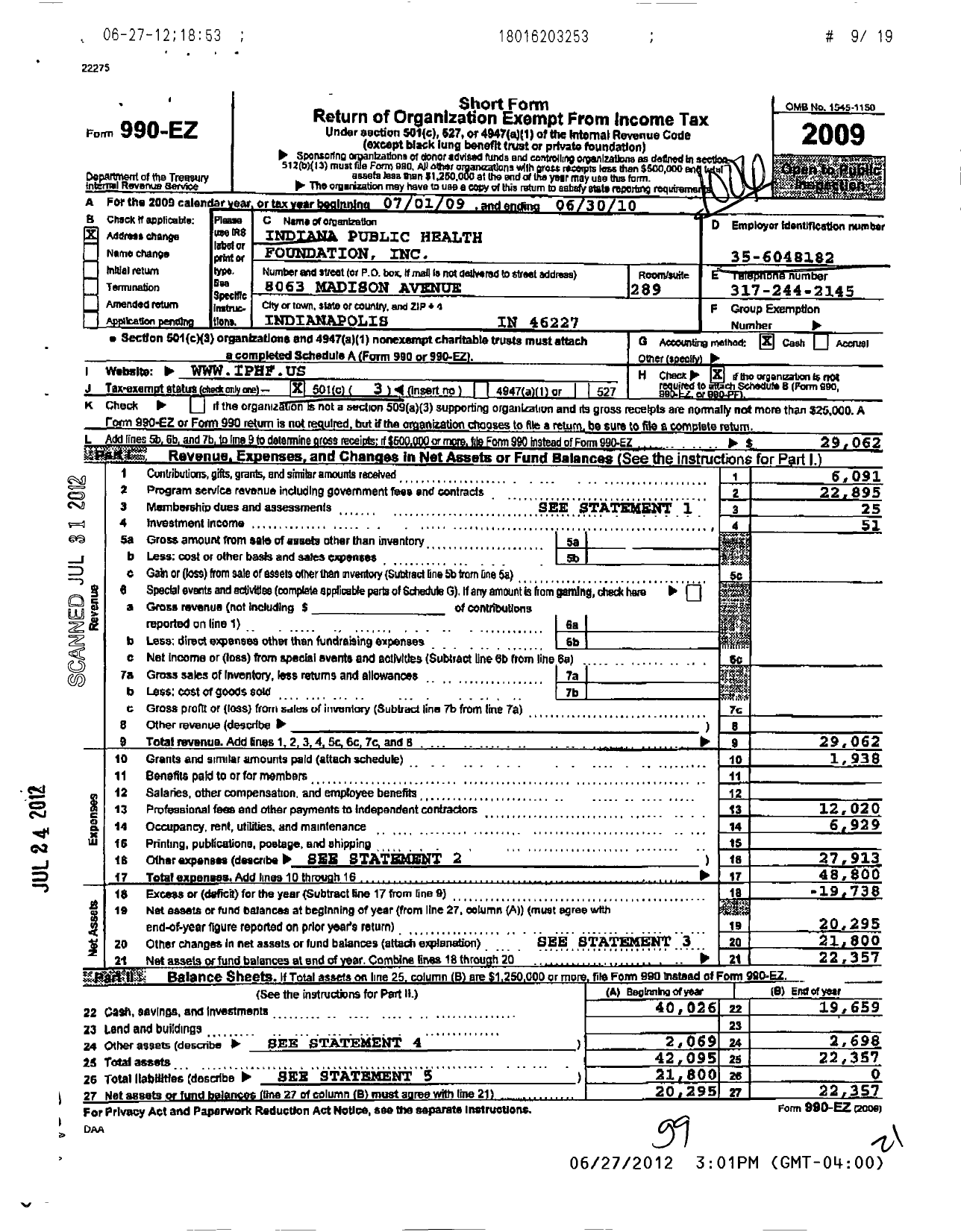 Image of first page of 2009 Form 990EZ for Indiana Public Health Foundation