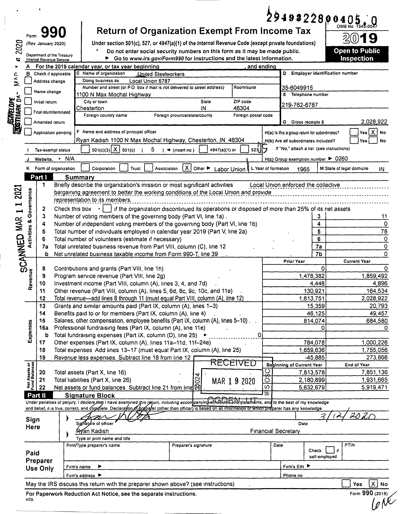 Image of first page of 2019 Form 990O for United Steelworkers - Local Union 6787