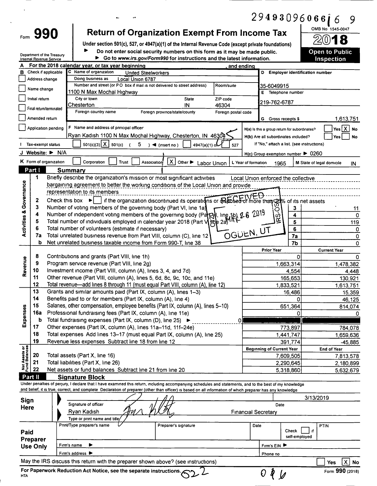 Image of first page of 2018 Form 990O for United Steelworkers - Local Union 6787