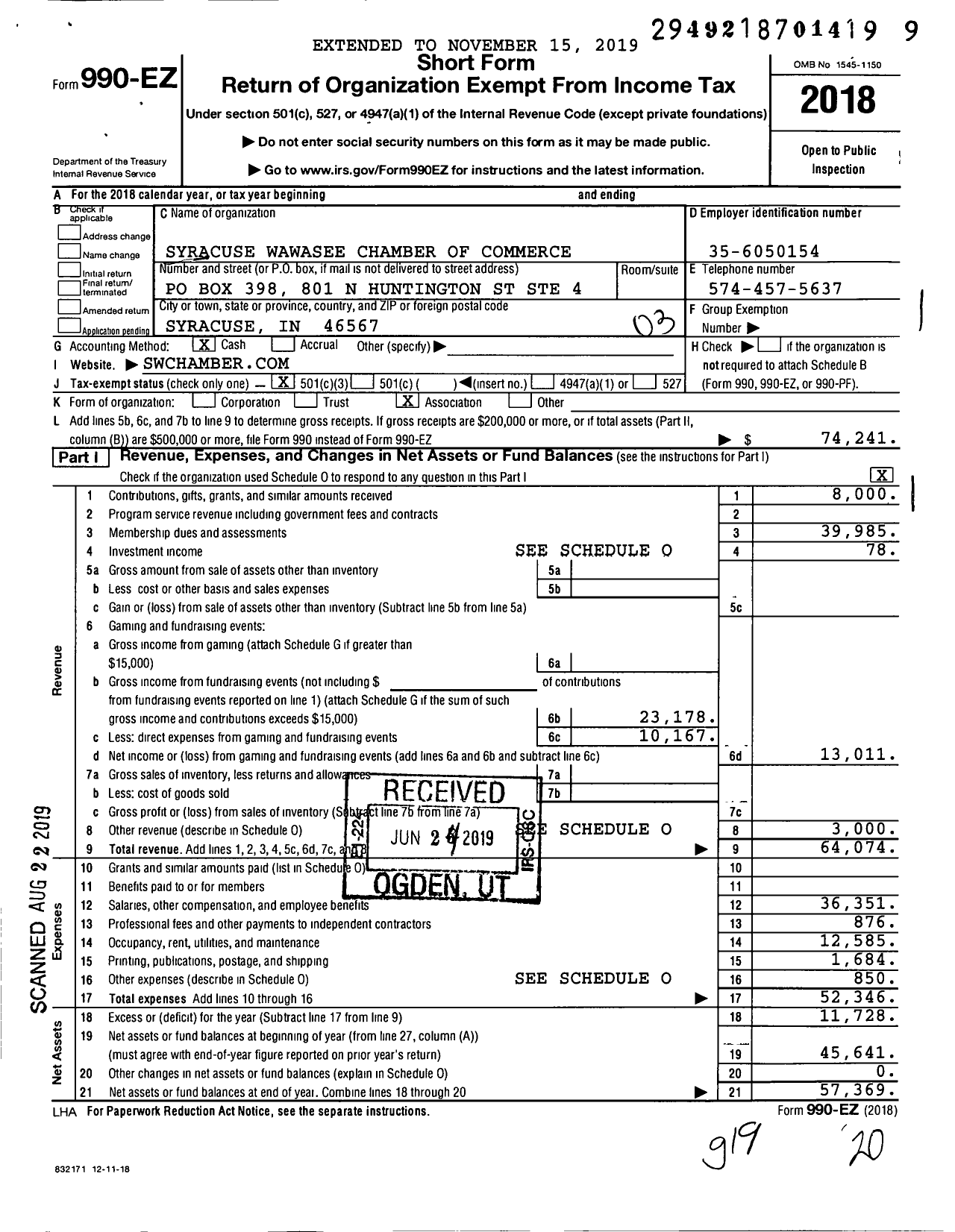 Image of first page of 2018 Form 990EZ for Syracuse Wawasee Chamber of Commerce