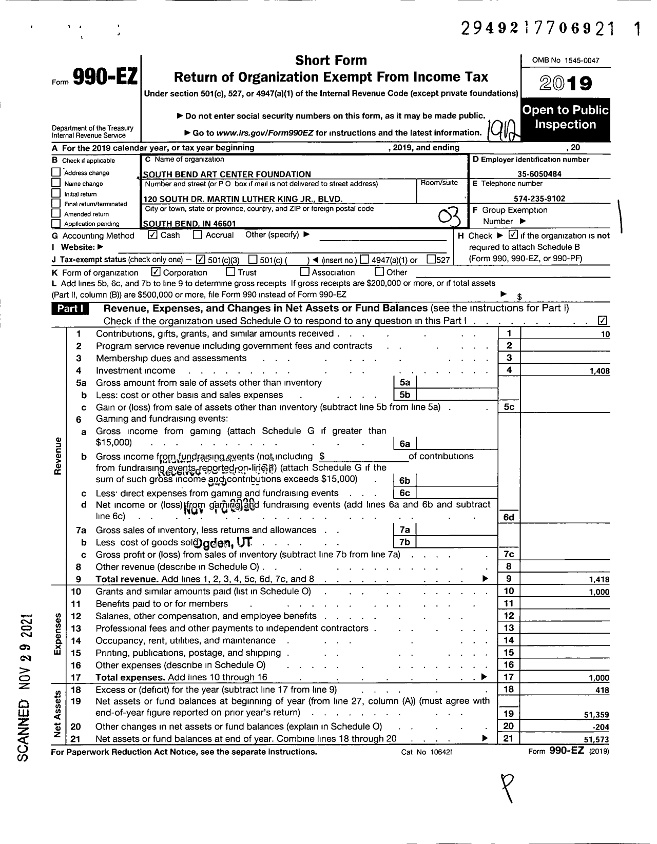 Image of first page of 2019 Form 990EZ for South Bend Art Center Foundation