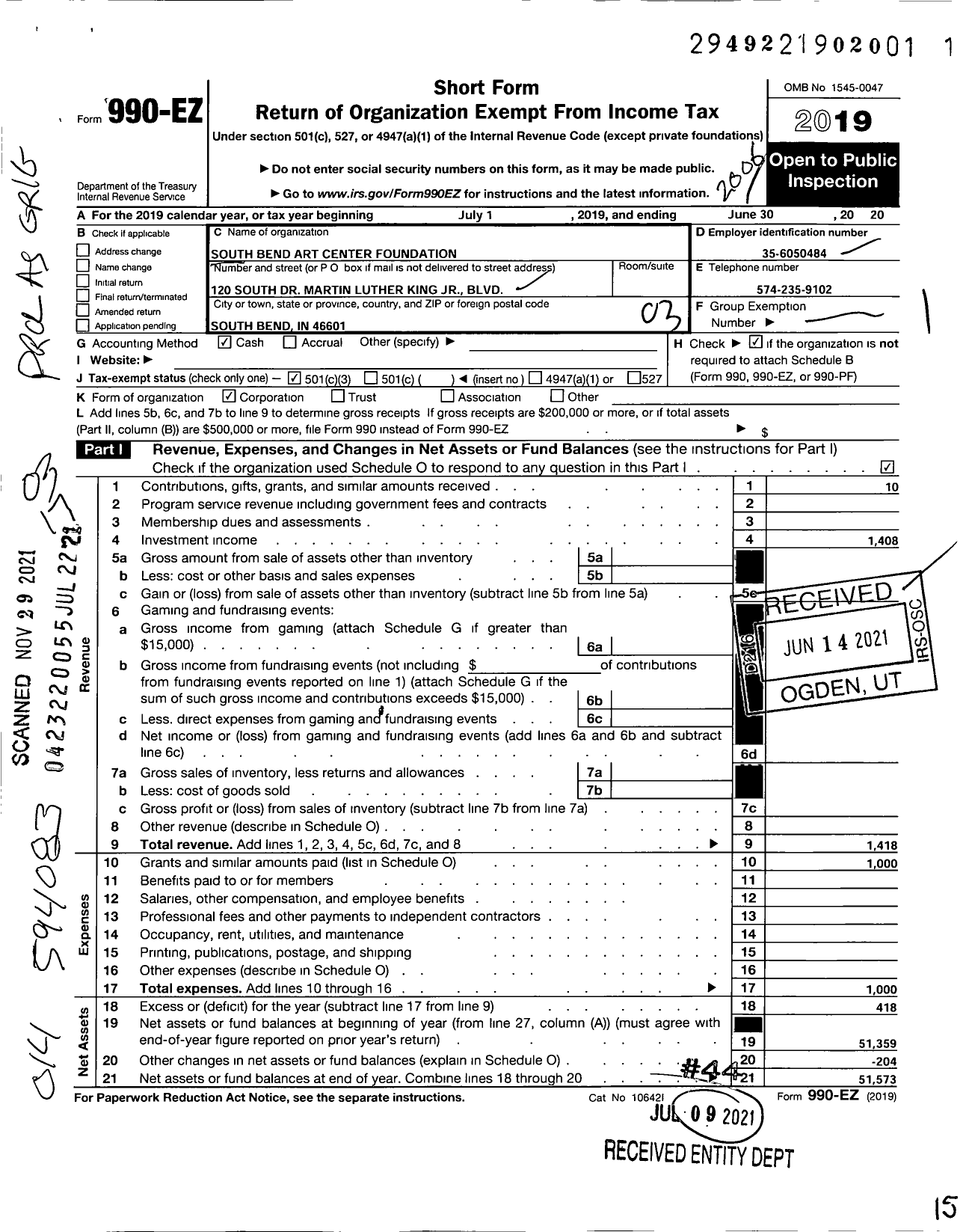 Image of first page of 2019 Form 990EZ for South Bend Art Center Foundation