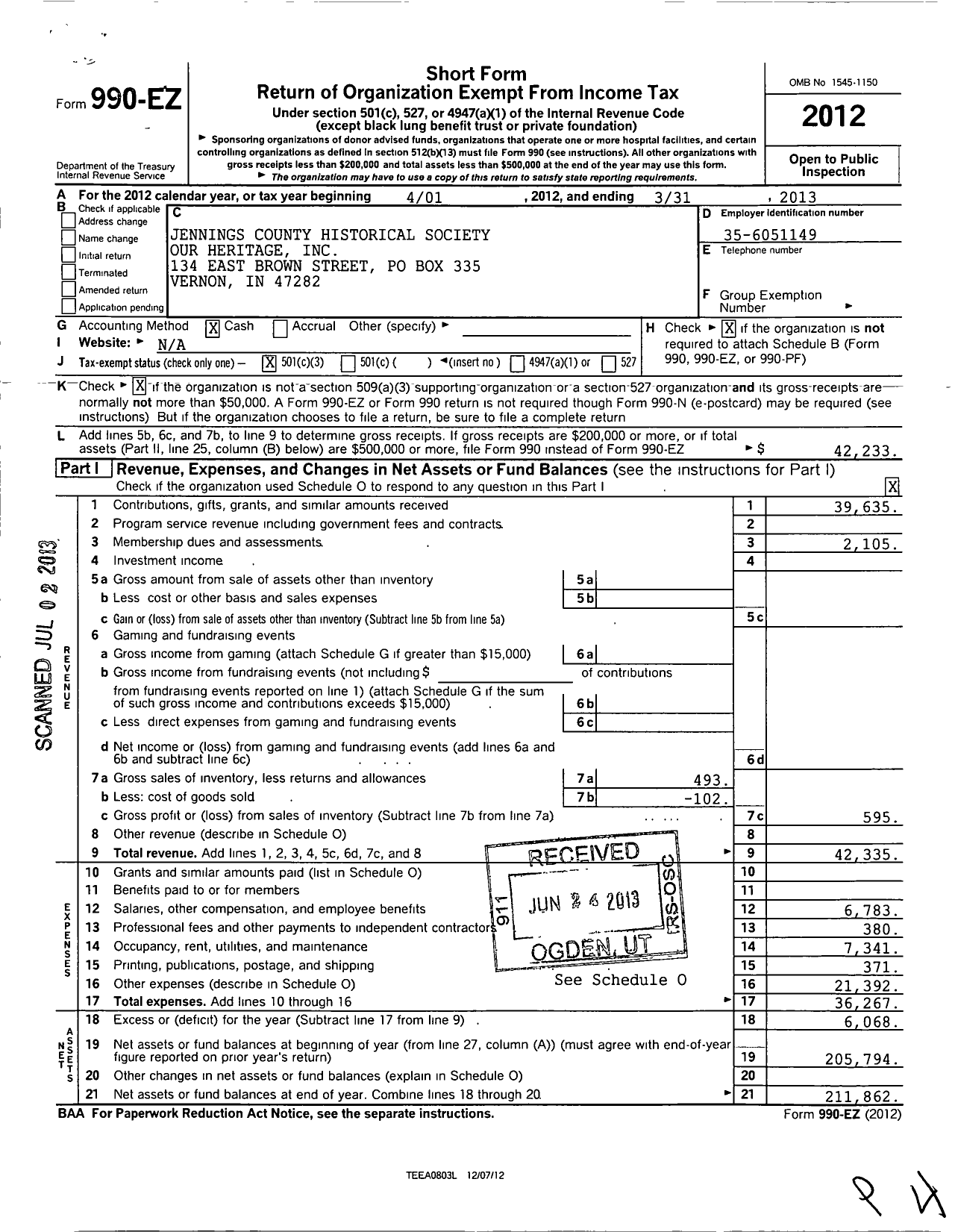 Image of first page of 2012 Form 990EZ for Jennings County Historical Society Our Heritage