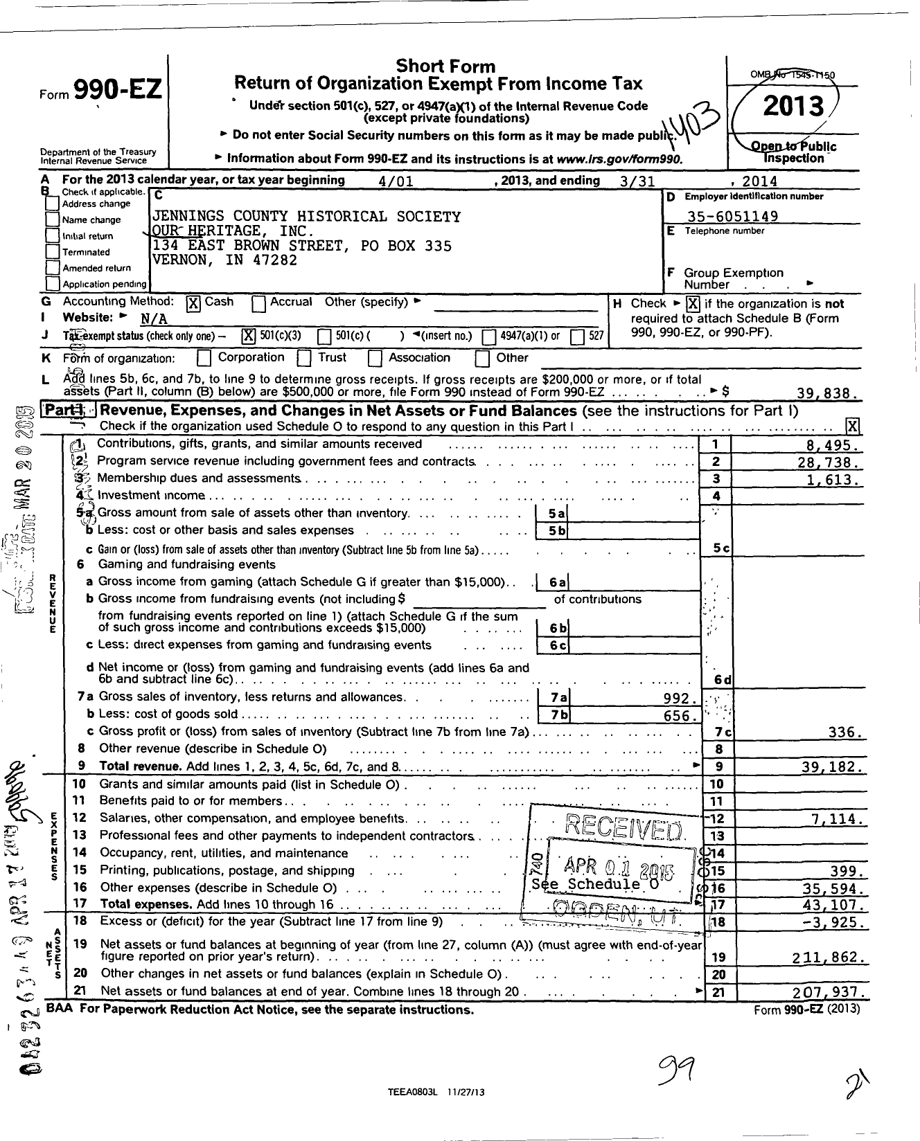 Image of first page of 2013 Form 990EZ for Jennings County Historical Society Our Heritage