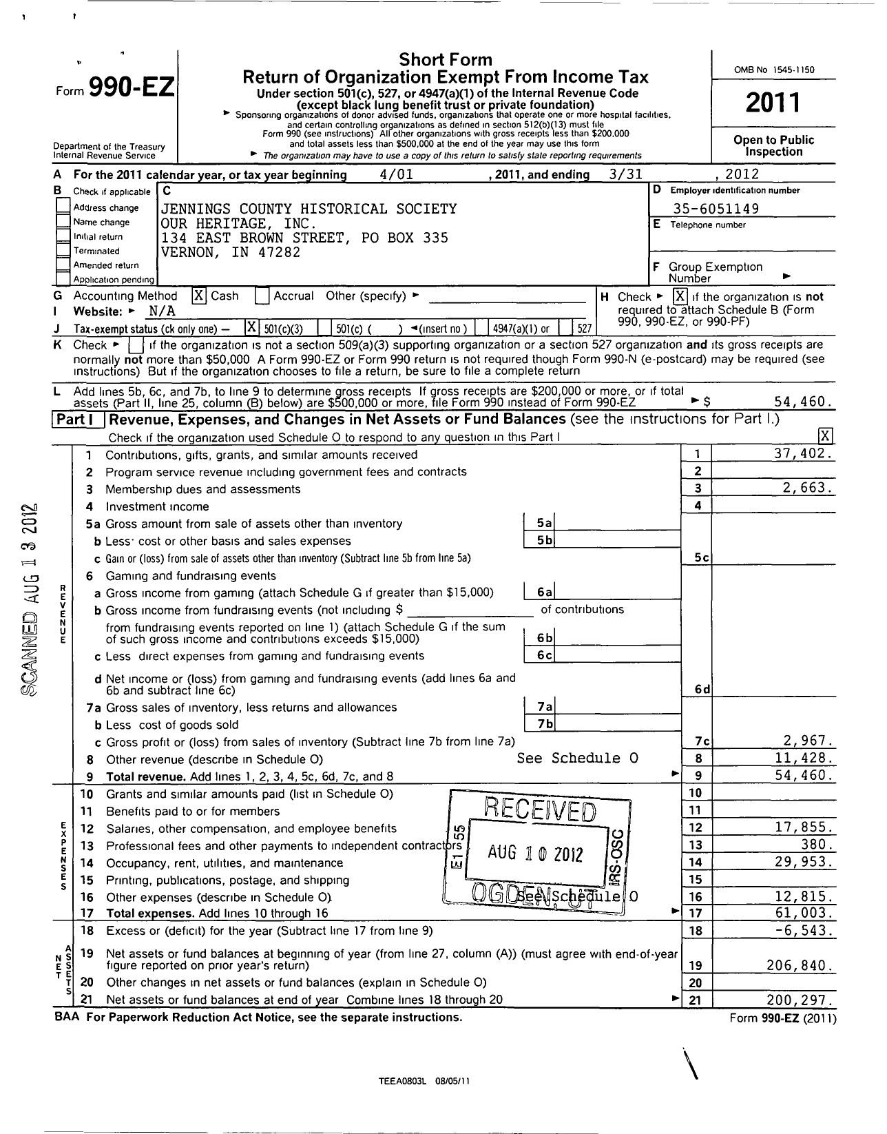 Image of first page of 2011 Form 990EZ for Jennings County Historical Society Our Heritage