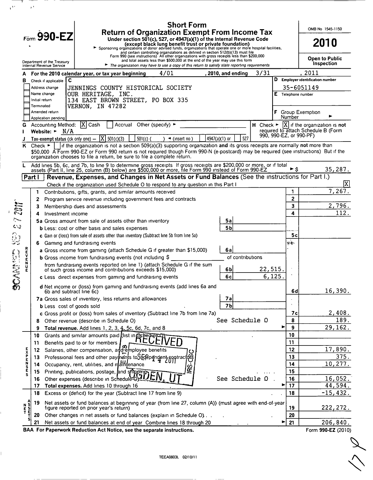 Image of first page of 2010 Form 990EZ for Jennings County Historical Society Our Heritage