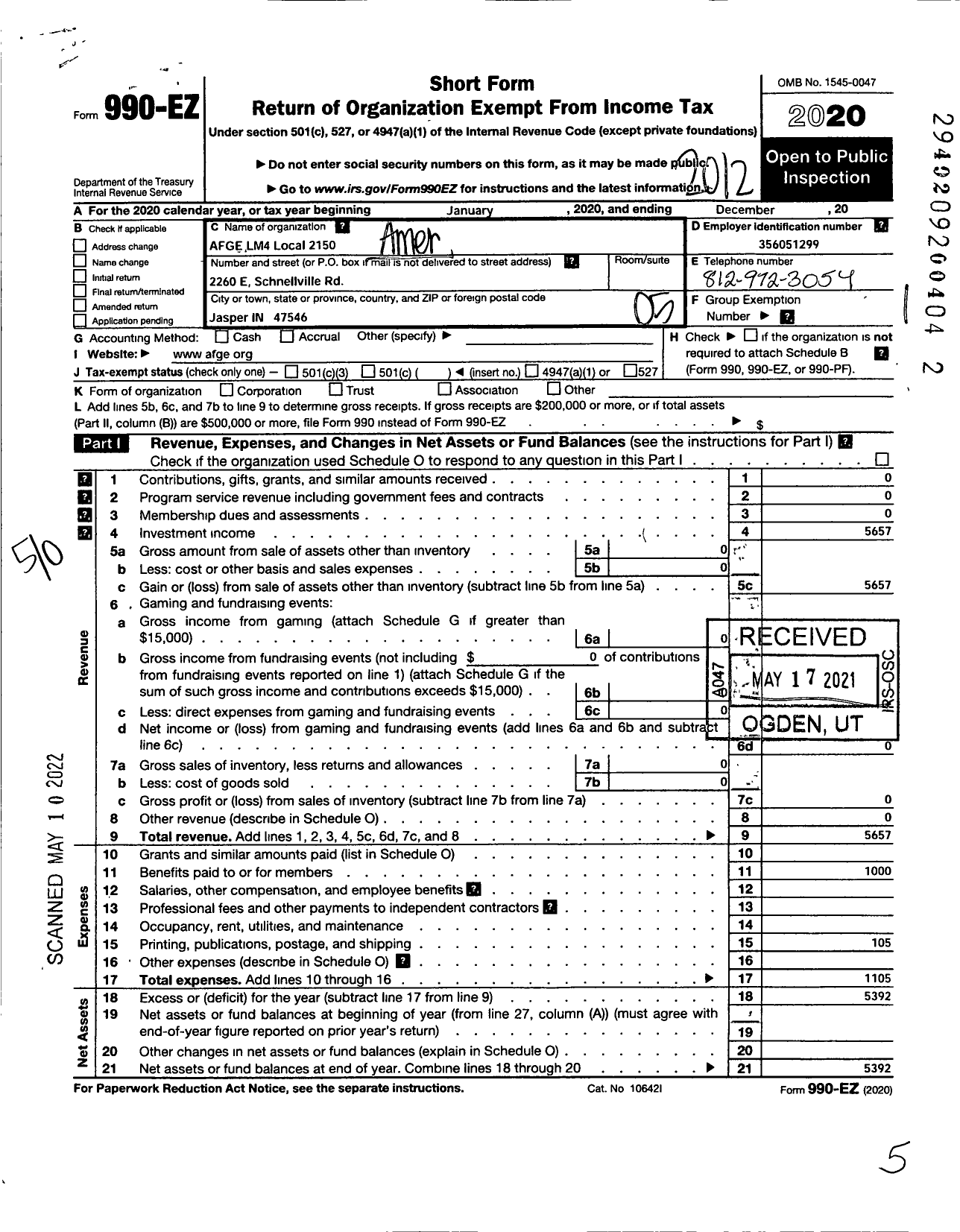 Image of first page of 2020 Form 990EO for American Federation of Government Employees - 2150 Afge Usda Local