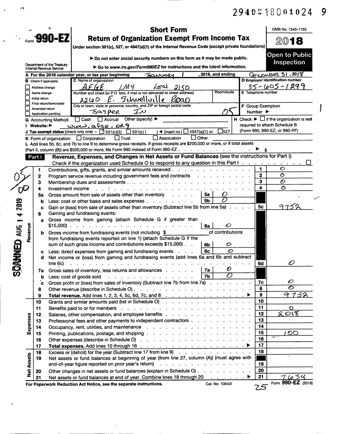 Image of first page of 2018 Form 990EO for American Federation of Government Employees - 2150 Afge Usda Local