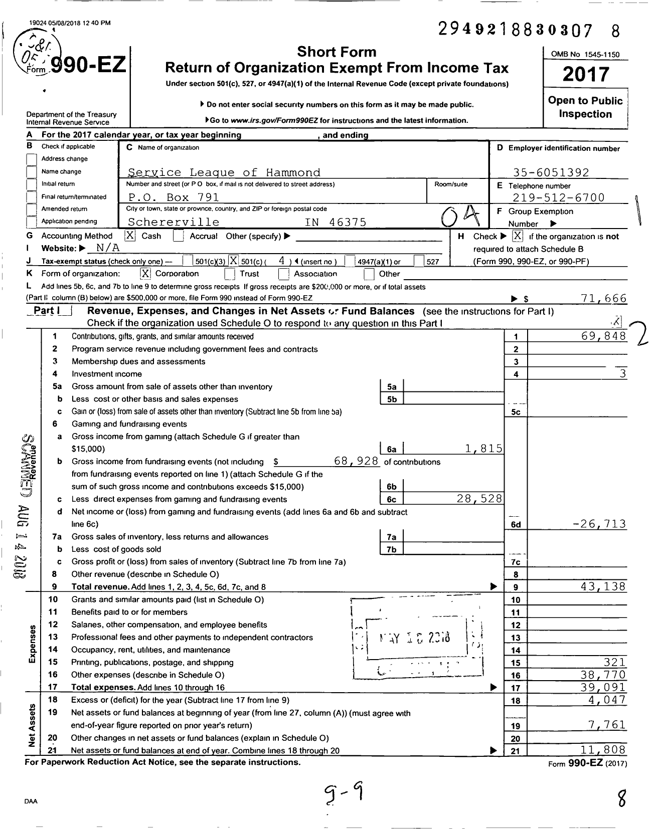 Image of first page of 2017 Form 990EO for Service League of Hammond