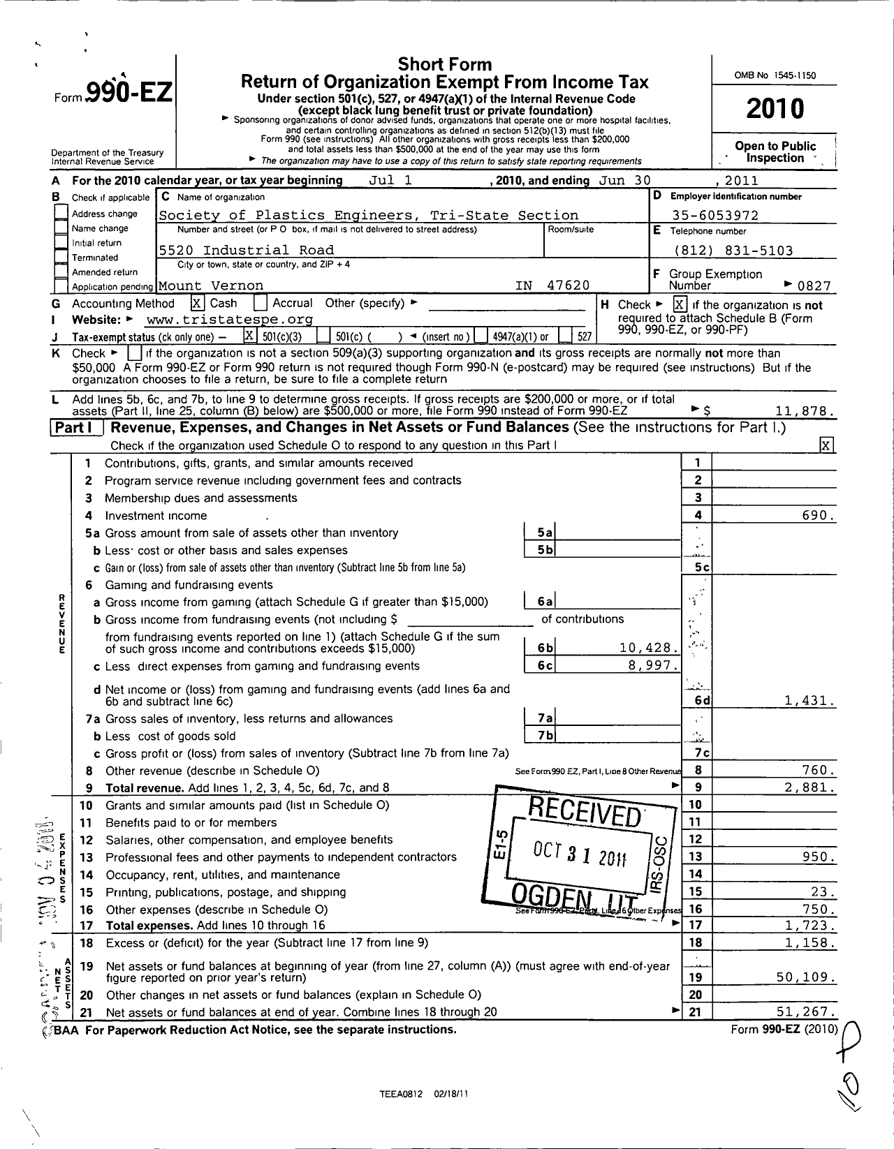 Image of first page of 2010 Form 990EZ for Society of Plastics Engineers - 40 Tri-State Section