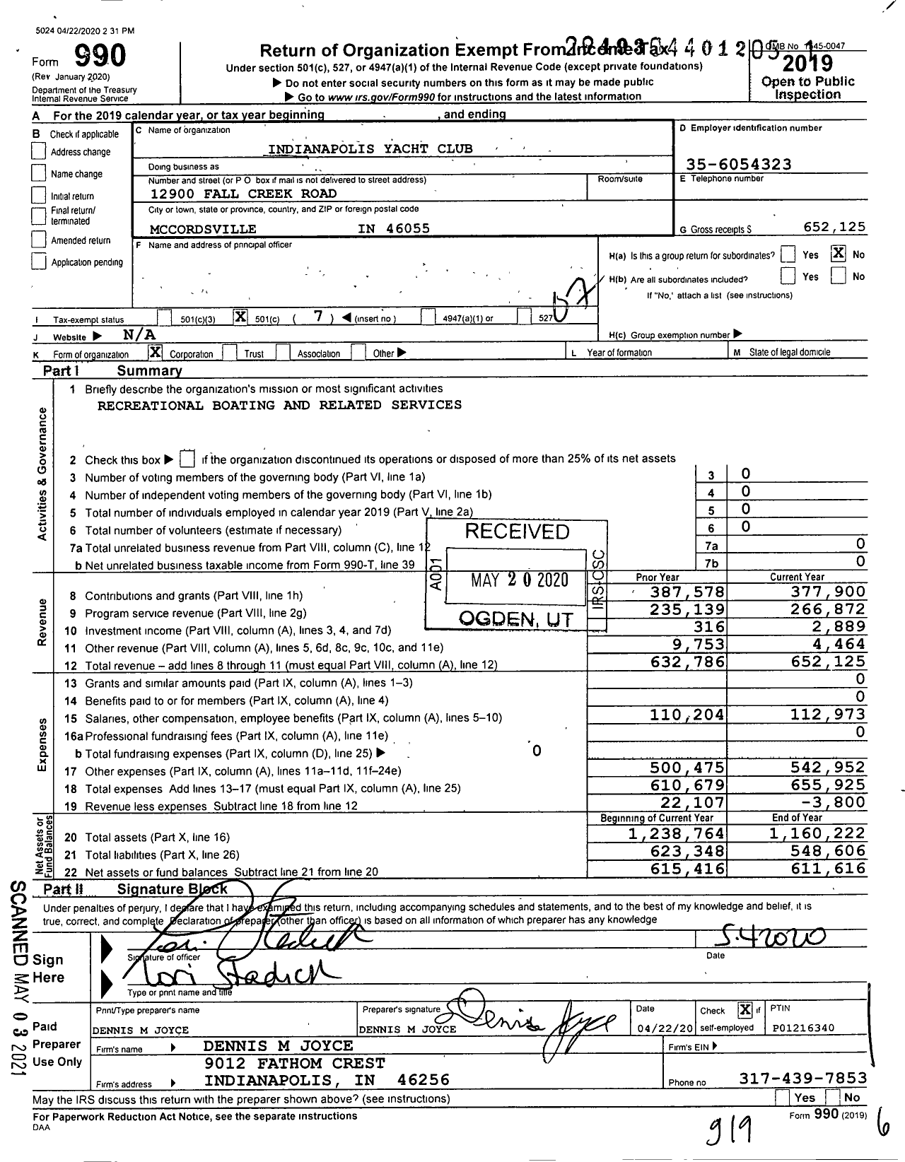 Image of first page of 2019 Form 990O for Indianapolis Yacht Club