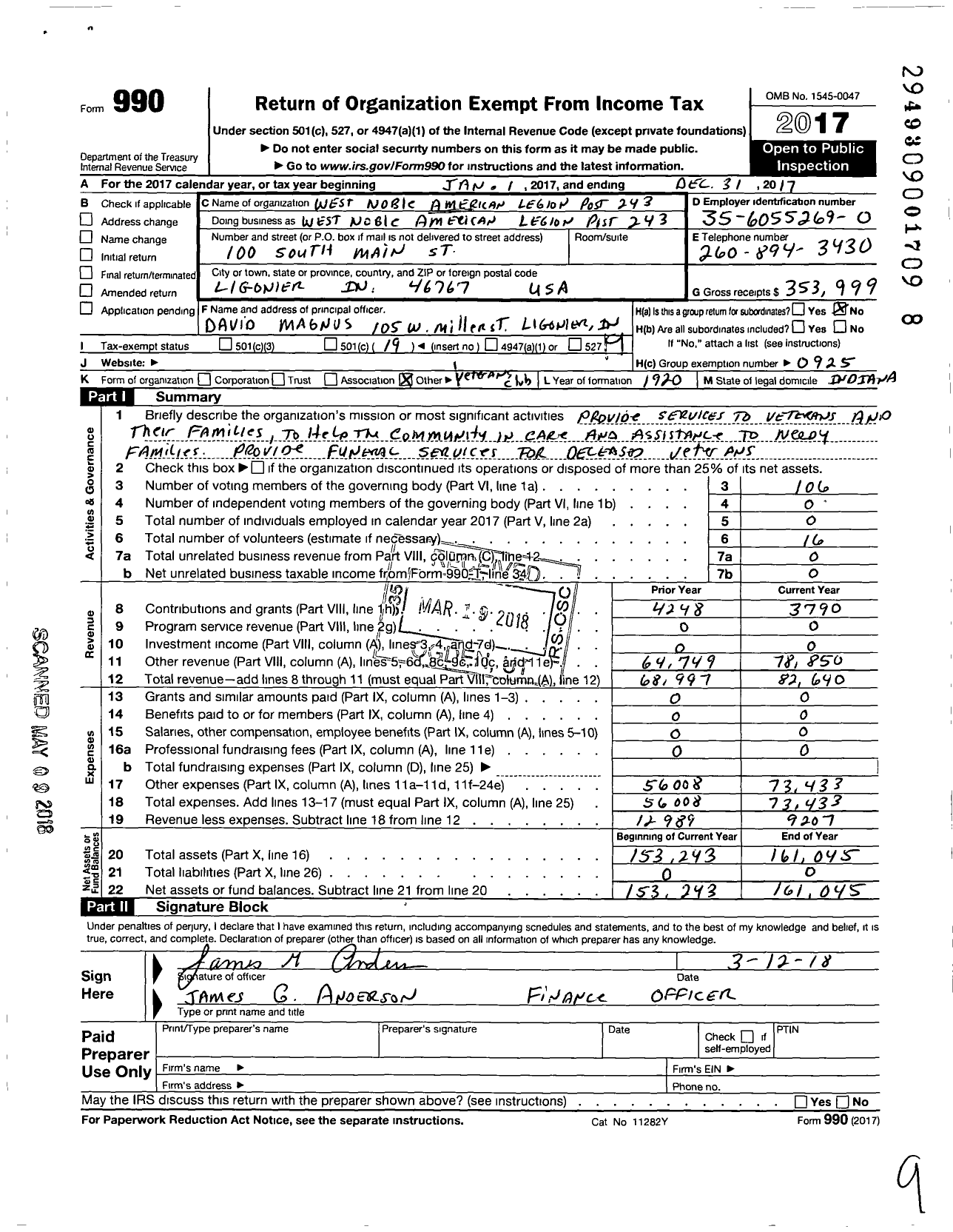 Image of first page of 2017 Form 990O for American Legion - 0243 West Noble