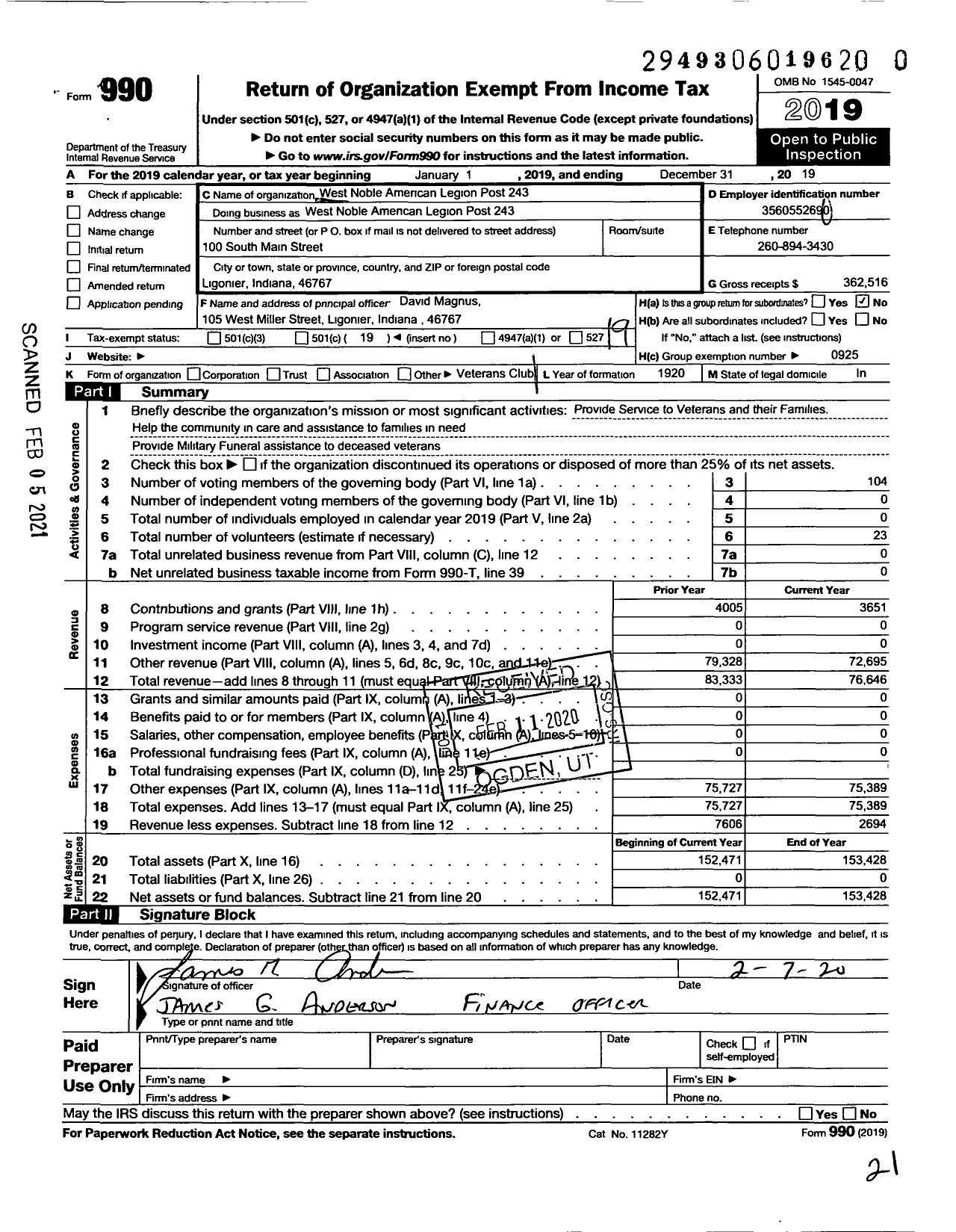 Image of first page of 2019 Form 990O for American Legion - 0243 West Noble