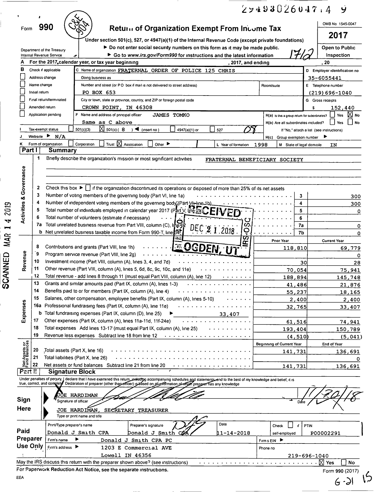 Image of first page of 2017 Form 990O for Fraternal Order of Police - 125 Chris Anton Lodge