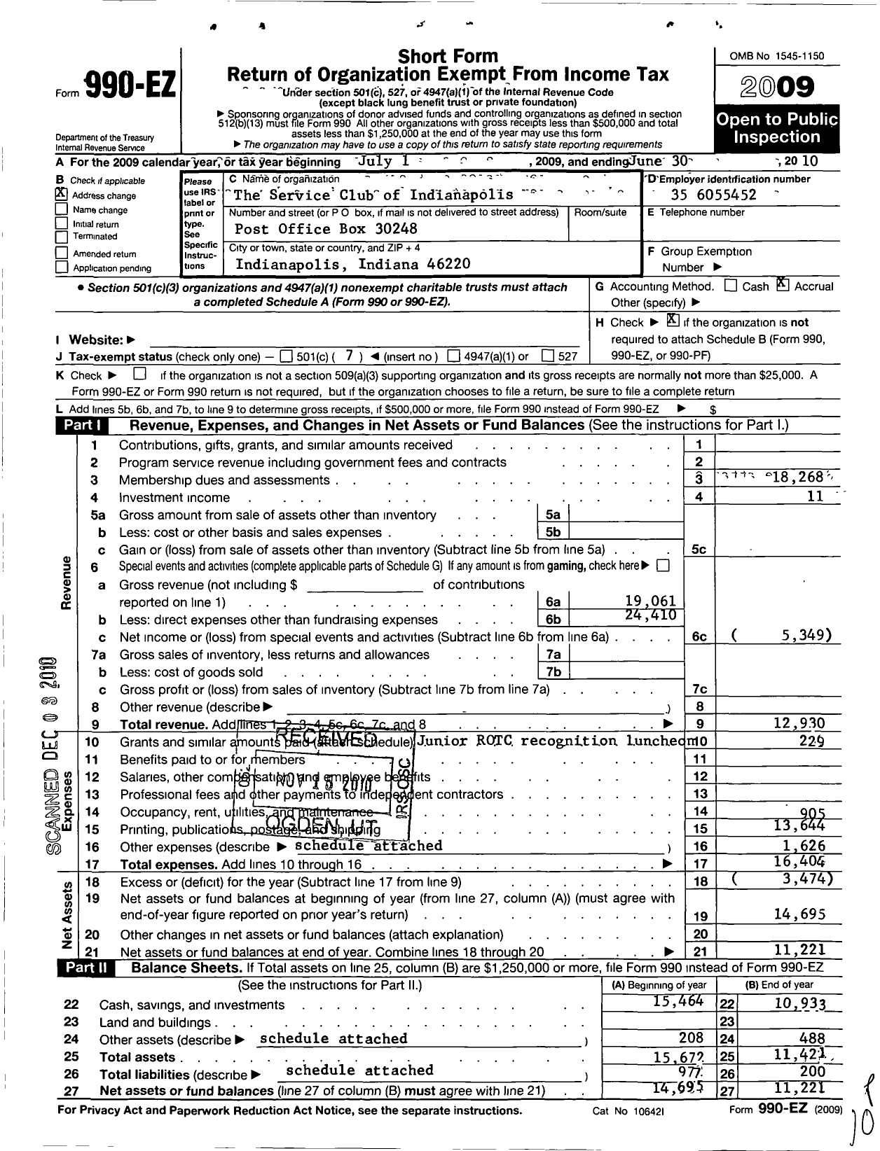 Image of first page of 2009 Form 990EO for Service Club of Indianapolis