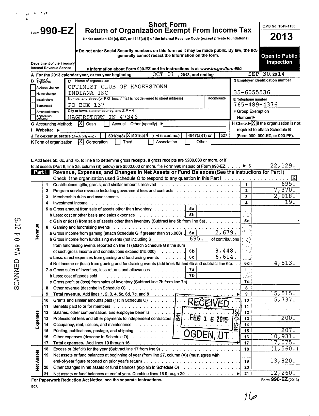 Image of first page of 2013 Form 990EO for Optimist International - 04255 O C of Hagerstown in